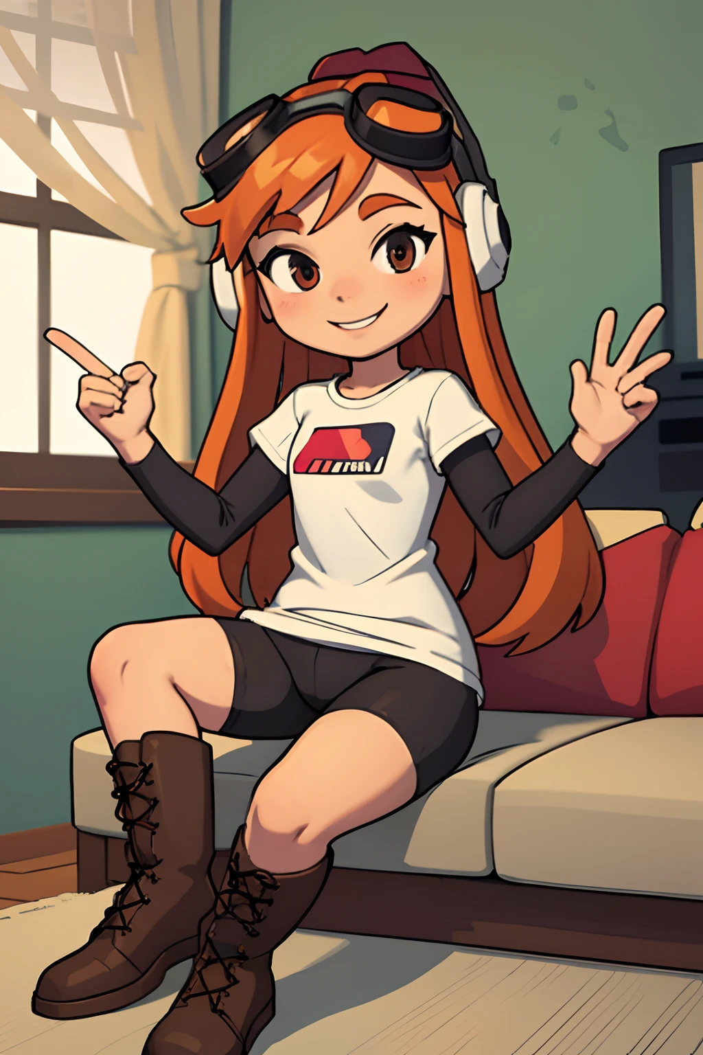 masterpiece, best quality, meggy, headphones, goggles on head, white shirt, layered sleeves, spandex shorts, brown boots, full body, looking at viewer, smile, sitting in living room playing video game