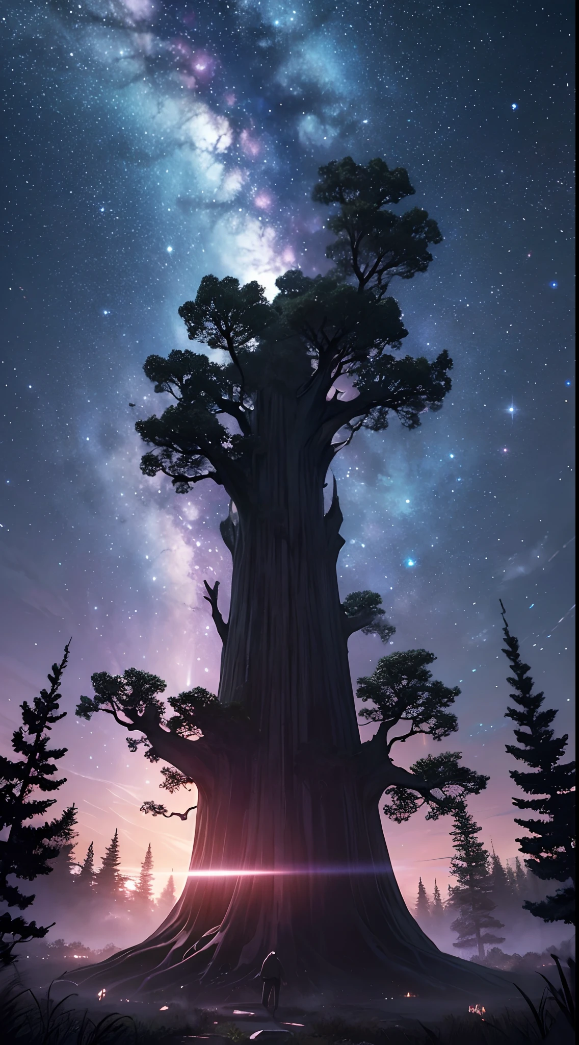 masterpiece、Background with((starrysky、Meteor swarm、black hole))、Depth((Huge fantastic tree、It's glowing.、城市))、Looking up