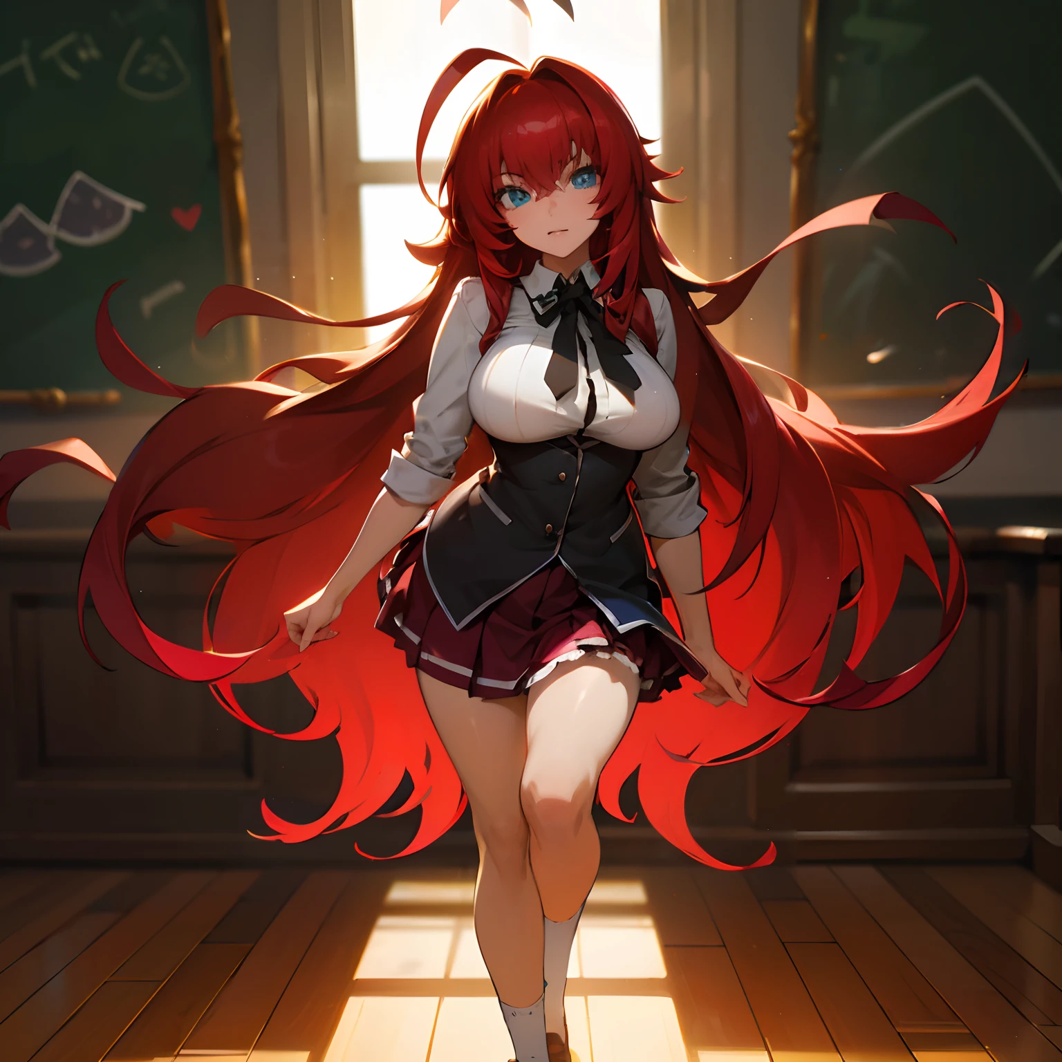 beautiful, masterpiece, best quality, extremely detailed face, perfect lighting, rias gremory, long hair, red hair, huge ahoge, blue eyes, very long hair, breasts, large breasts, school uniform, skirt, socks, 1girl, full body shot