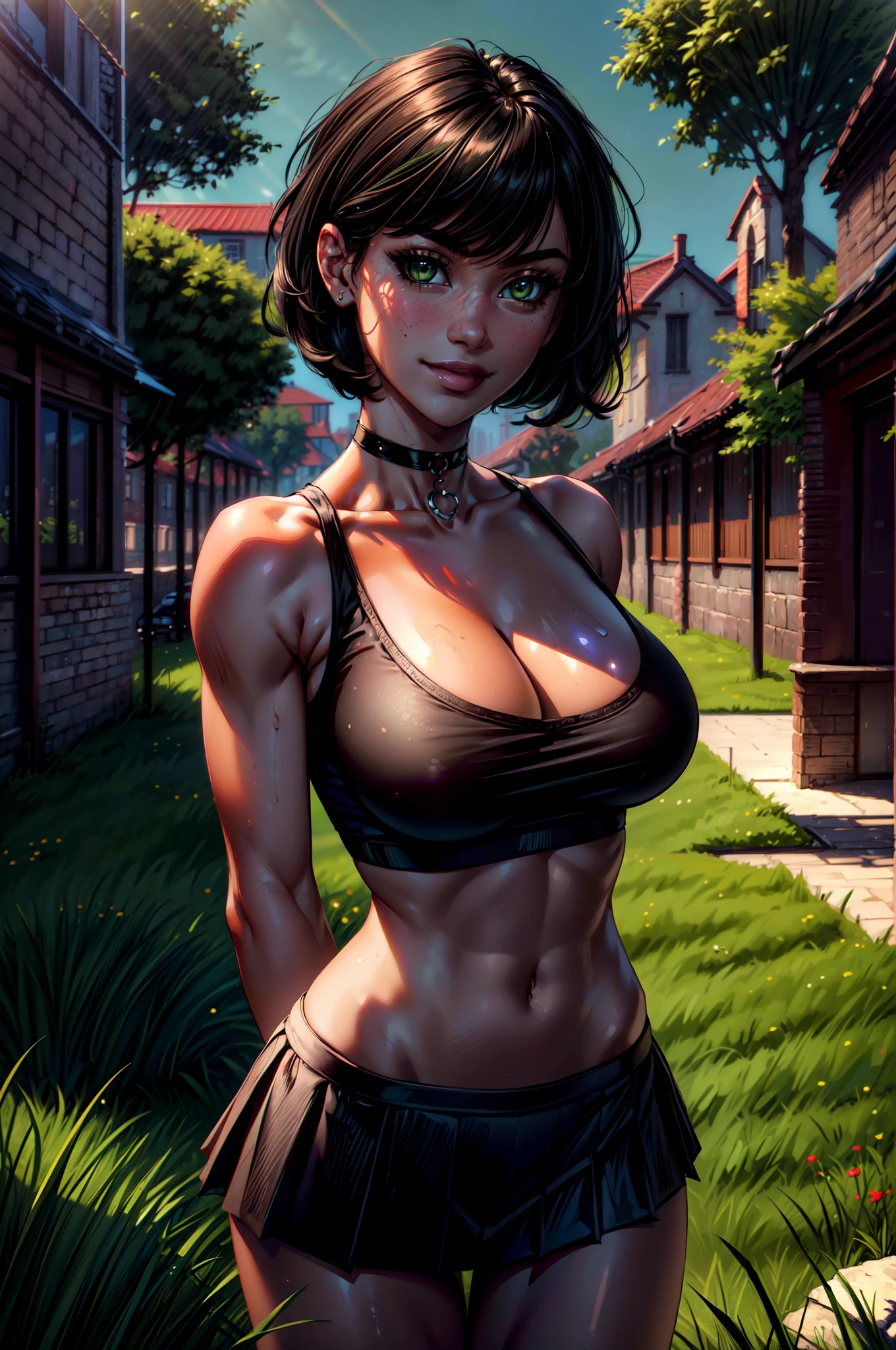 ((Masterpiece)), ((Best Quality)), ((highres)), ((UHD)), ((absurdres)), (1 girl), ((super detail)), ((high details)), dramatic lighting, blushing, smile, green eyes, bob cut, bangs, black hair, short hair, choker, crop top, (black tank top), (black pleated mini skirt), gorgeous girl, large breasts, cleavage, gorgeous body, glossy skin, vivid colors, full body view, ((sharp focus)), standing up, in green grass field, feminine, shy, ((anatomically correct)), ((award winning)), ((arms behind back))