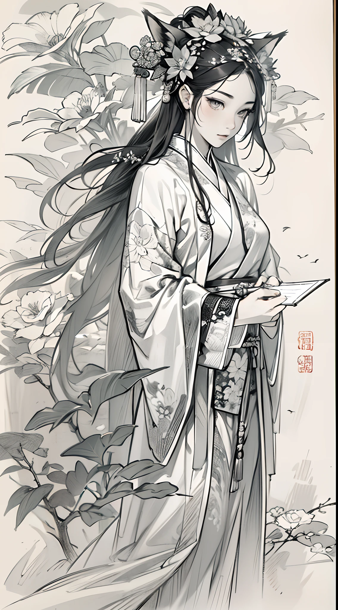 sketching,pencil drawing,National style,Miss Fox Fairy,There are small broken flowers on the head,Chinese ancient style,Wide robe,Black and white picture,super-fine,Hair is carefully described,The eyes are carefully depicted,best qualtiy,8K分辨率
