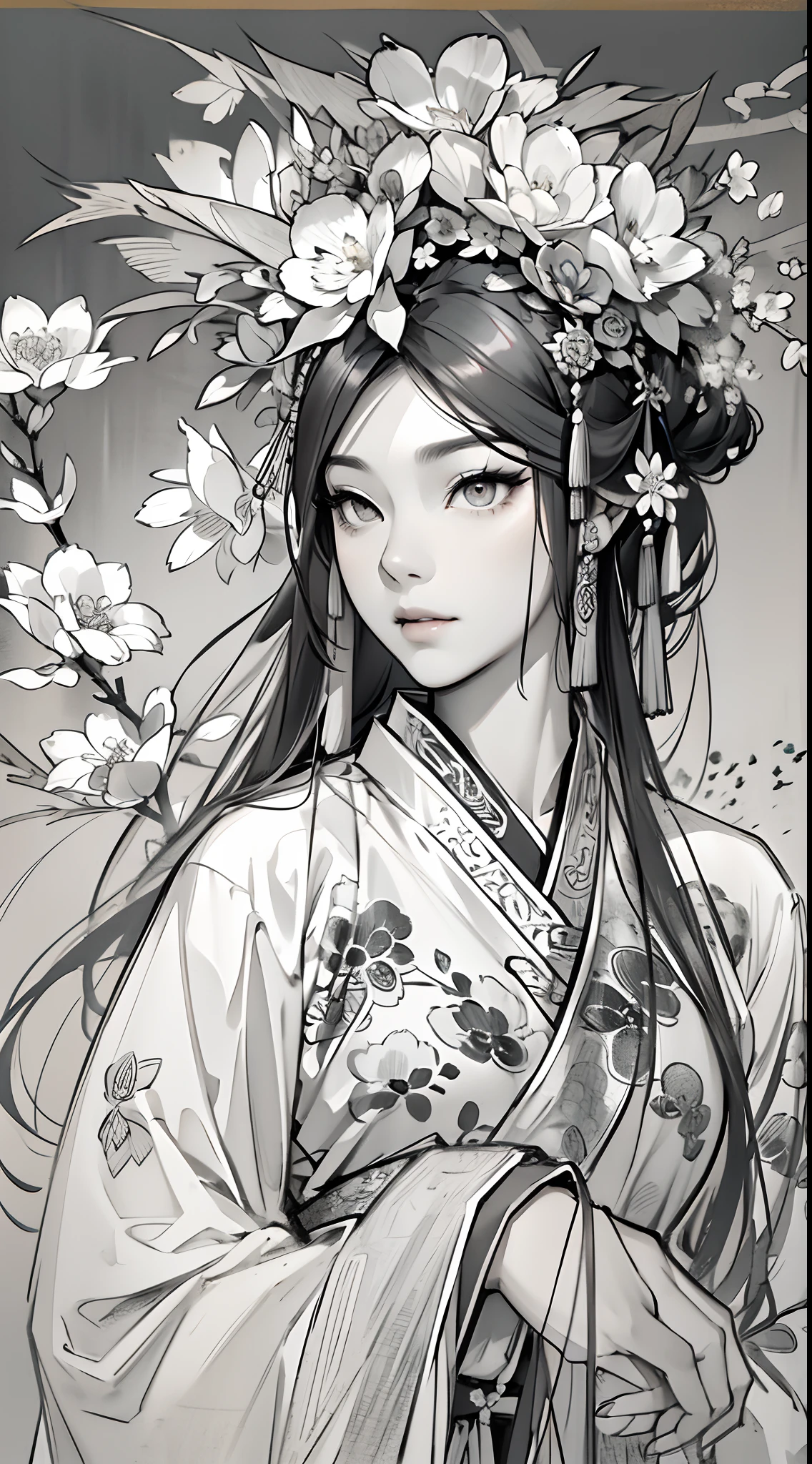 sketching,pencil drawing,National style,Miss Fox Fairy,There are small broken flowers on the head,Chinese ancient style,Wide robe,Black and white picture,super-fine,Hair is carefully described,The eyes are carefully depicted,best qualtiy,8K分辨率