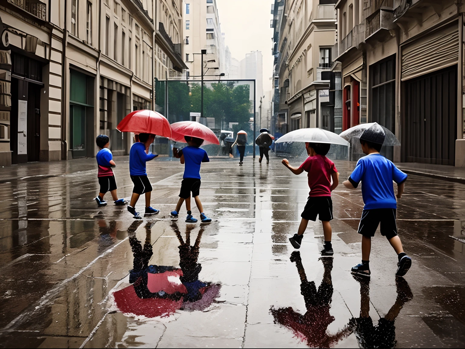 A group of kids enthusiastically playing soccer on the streets of a big city, under the rain, glitch mirror effect in the floor water, Dye transfer print image 1950 artwork style, Ernst Hass and Marie Cosindas inspiration
