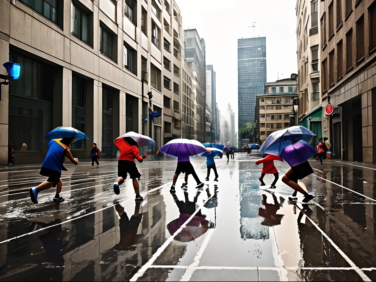 A group of kids enthusiastically playing soccer on the streets of a big city, under the rain, glitch mirror effect  in the floor water, Dye transfer print image 1950 artwork style, Ernst Hass and Marie Cosindas inspiration