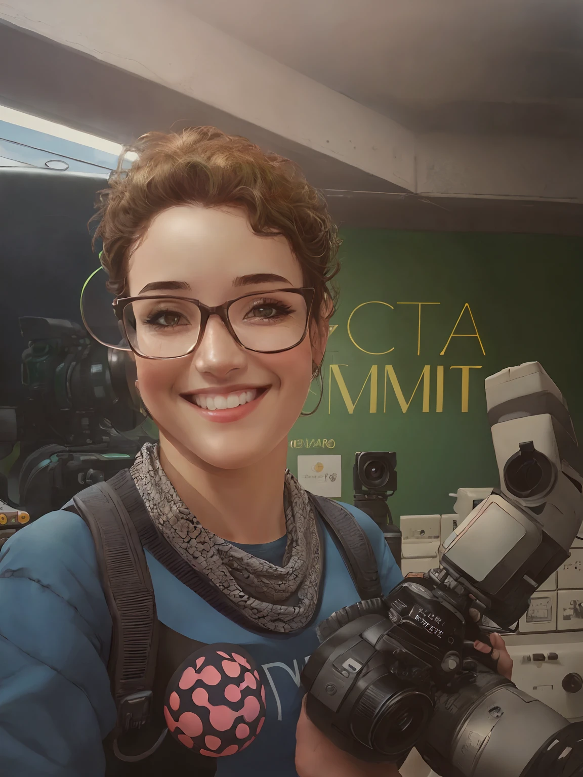 Smiling slim woman holding a camera, Cabelo castanho escuro, curto e cacheado, pele morena clara, olhos verdes, estilo disney pixar