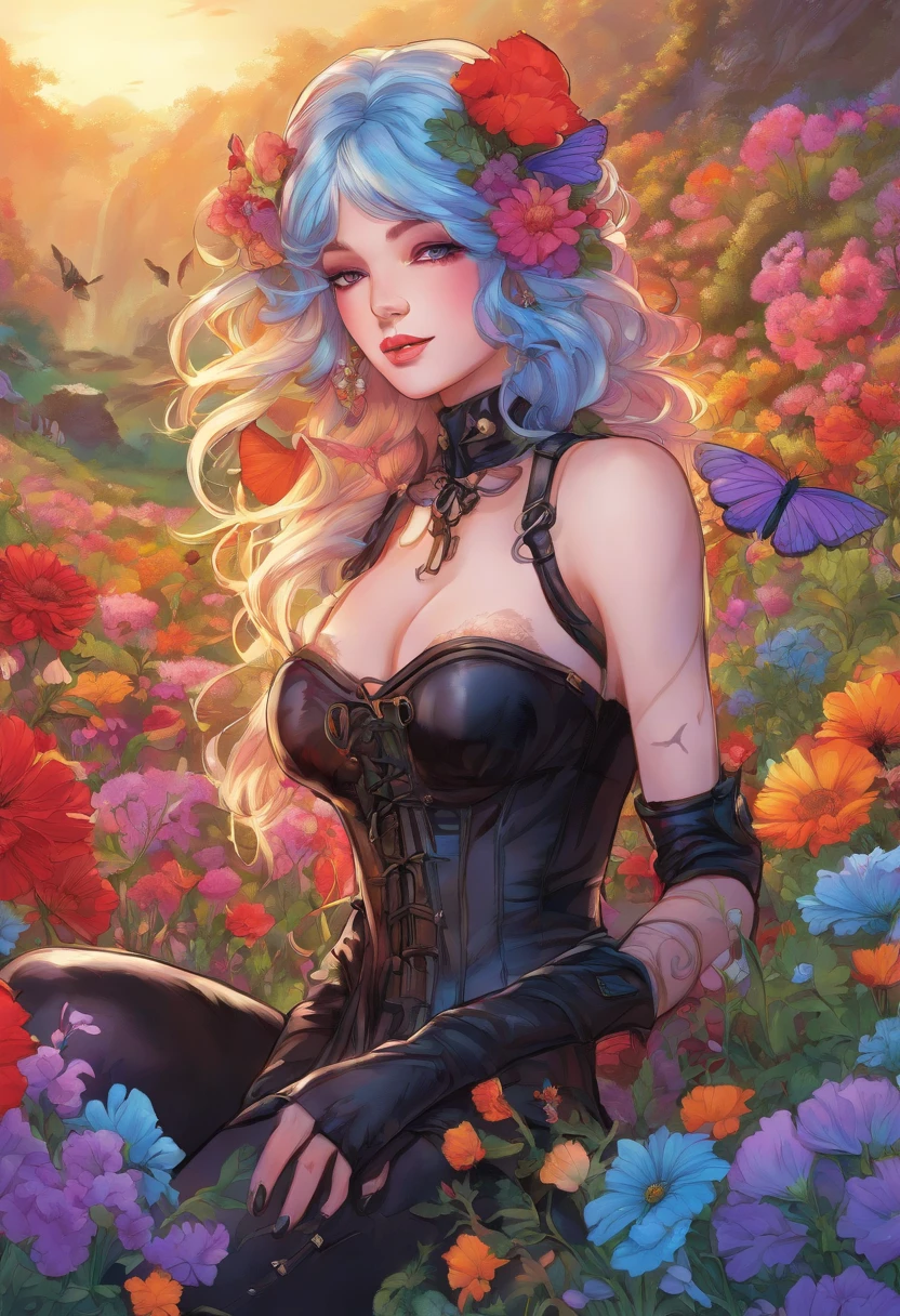 fantasy art, RPG art, picture of a fairy resting in a rainbow colored flower meadow, full body, an exquisite beautiful (ultra detailed, Masterpiece, best quality: 1.4) female fairy, dynamic angle (best detailed, Masterpiece, best quality), best detailed face (best detailed, Masterpiece, best quality: 1.5), ultra feminine (best detailed, Masterpiece, best quality), (white butterfly wings: 1.3)  butterfly_wings, red hair, long hair, braided hair, dynamic eyes color, (wearing latex corset: 1.4), red corset, (black high heeled boots: 1.4), resting in  colorful flower meadow, sun rising,  high details, fantasy art, RPG art best quality, 16k, [ultra detailed], masterpiece, best quality, (ultra detailed), full body, ultra wide shot, photorealistic,