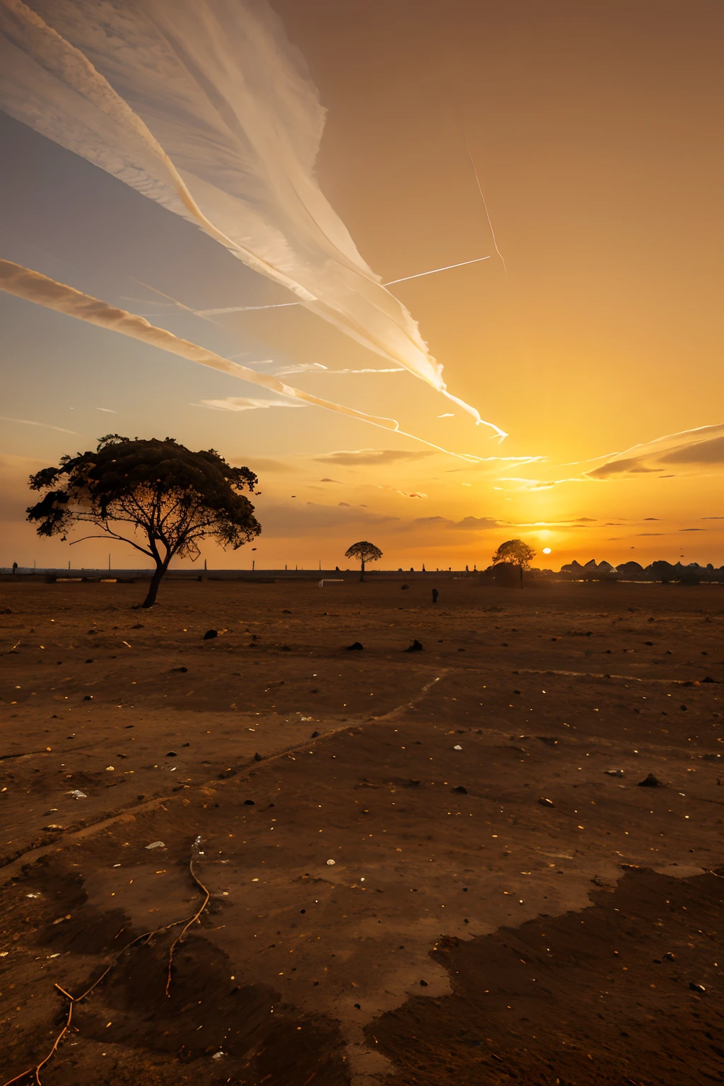 A scene of the sky of the northeast of Brazil, with a scorching sun with a more orange color, the soil cracked by drought and the ceca being half sky and half soil, with few cows in the background and thin