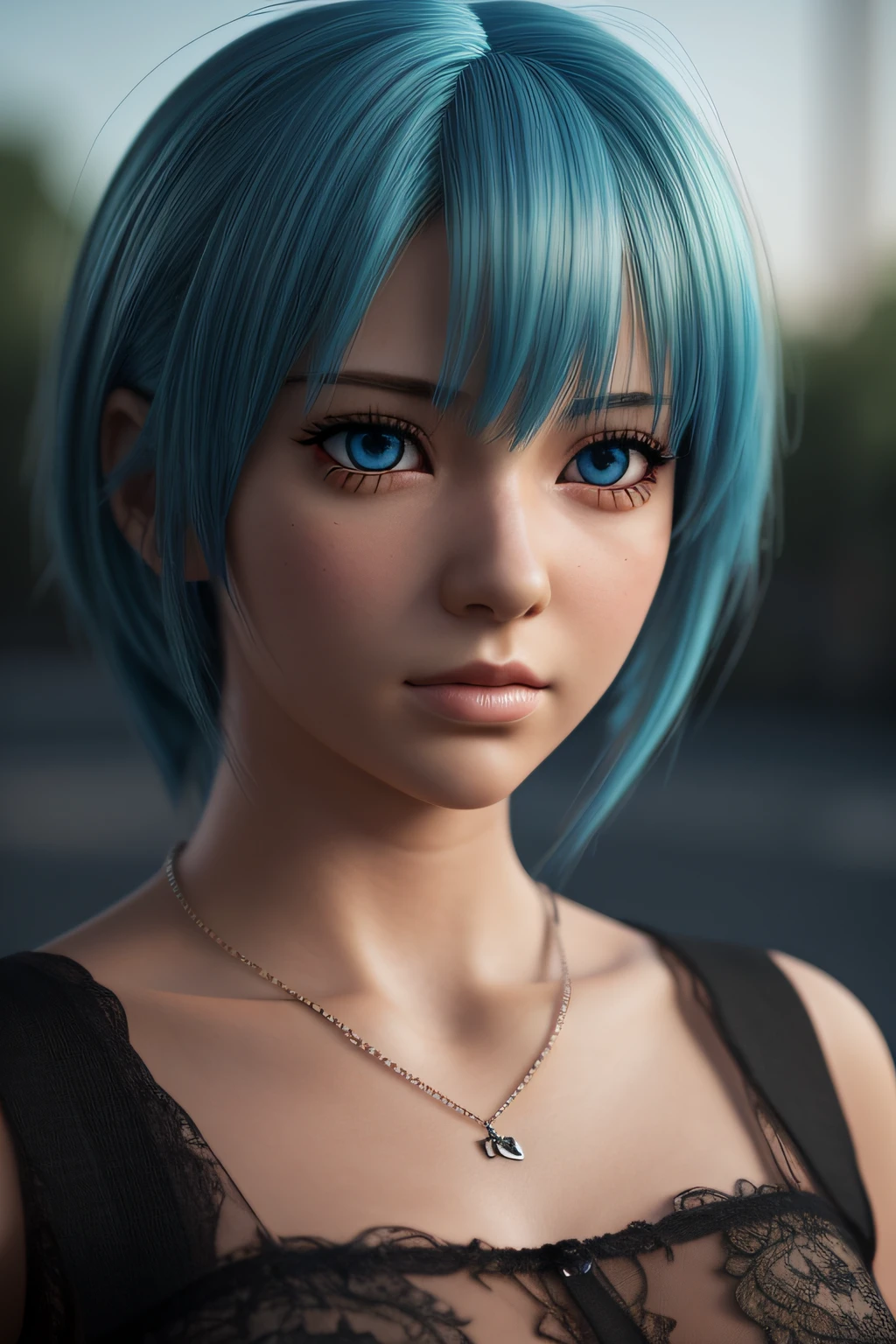 (((realistic))) canon 5d, masterpiece, highest quality, 4k, 8k, 16k, ultra high-res, raw photo in hdr, sharp focus, hyper realistic, lifelike texture, intricate face, intricate eyes, high contrast, skin imperfections, subsurface scattering, f2, depth of field, film grain, a photograph of a close up of a doll with blue hair and a necklace, 3 d anime realistic, realistic anime 3 d style, photorealistic anime girl render, anime styled 3d, hyper realistic anime, render of a cute 3d anime girl, anime style. 8k, with very highly detailed face, photorealistic anime, realistic young anime girl, ultra realistic face