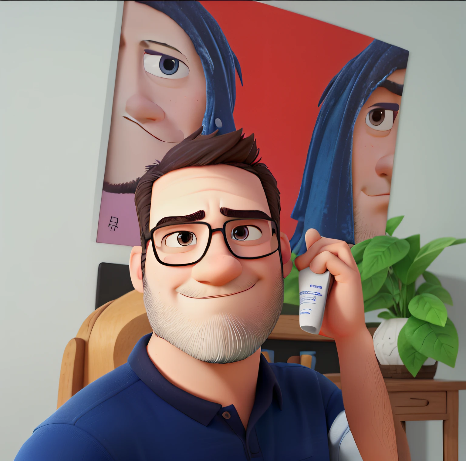 A 3D Pixar style man looking forward. Blue polo shirt. Patchy Beard. Slightly rounded face, with closed mouth. Dark brown eyes and short gray hair without a pompadour with a formal cut. The skin is white.