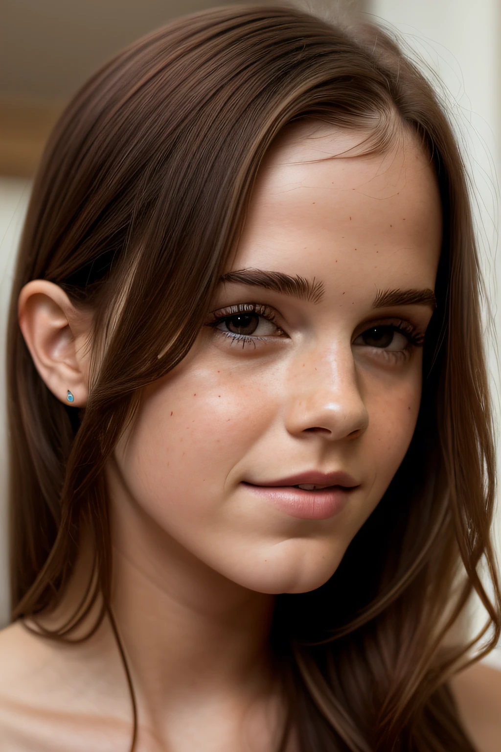 a woman at home, long black hair, wearing white shirt, cute face, closeup Emma Watson