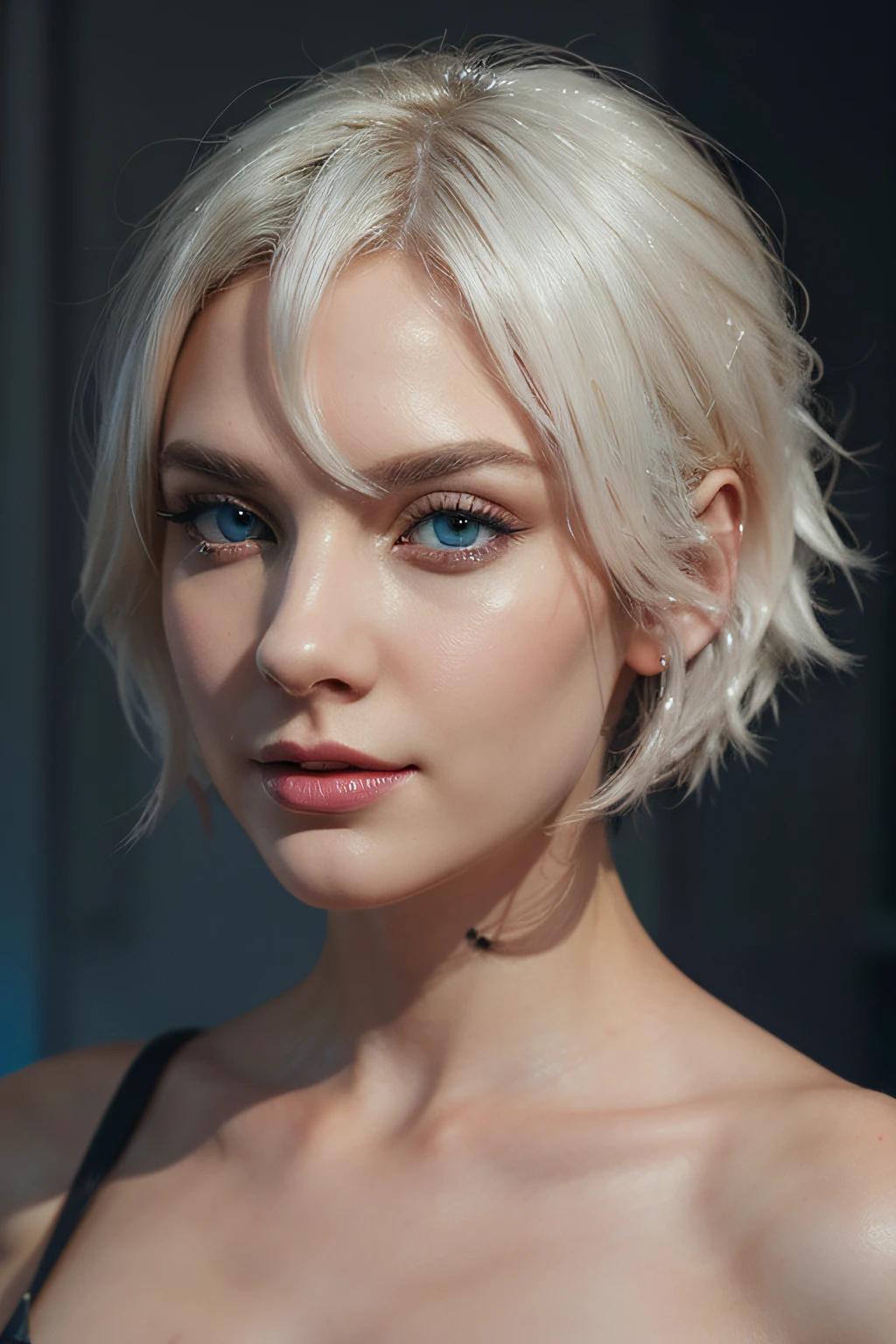 half naked with red dessou, white hair woman, devil blue eyes, Beautiful digital painting, Elegant digital painting, Digital art of an elegant lady, in the style of digital illustration, Stunning digital painting, High-quality digital painting, Style Digital painting, Digital painting style, Realistic digital art 4K, Realistic art 4K, gorgeous digital painting.