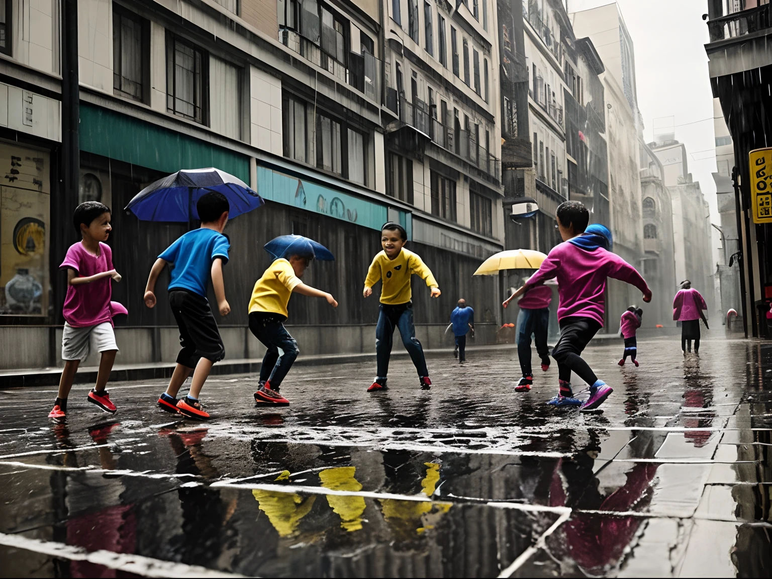 A group of kids enthusiastically playing soccer on the streets of a big city, under the rain, glitch mirror effect  in the floor water, Dye transfer print image 1950 artwork style, Ernst Hass and Marie Cosindas inspiration