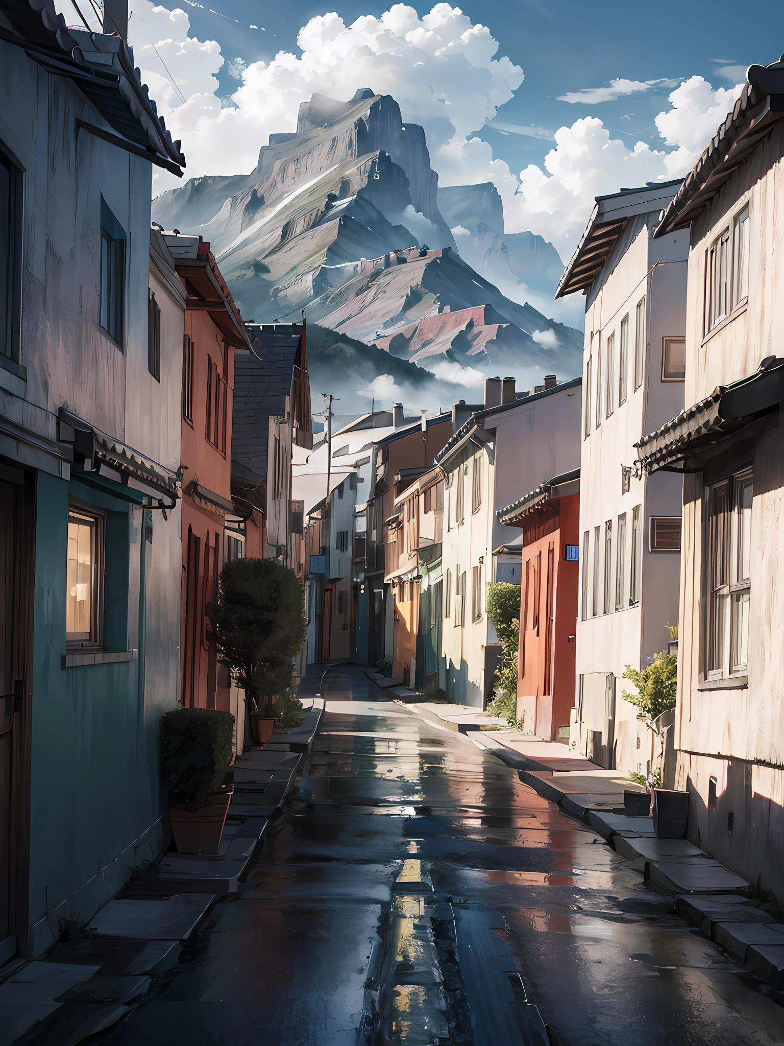 Close-up photo of a street with houses and mountains, Gloomy scene, Twin Peaks Art, absurdres, high res, ultrasharp, 8K, masterpiece