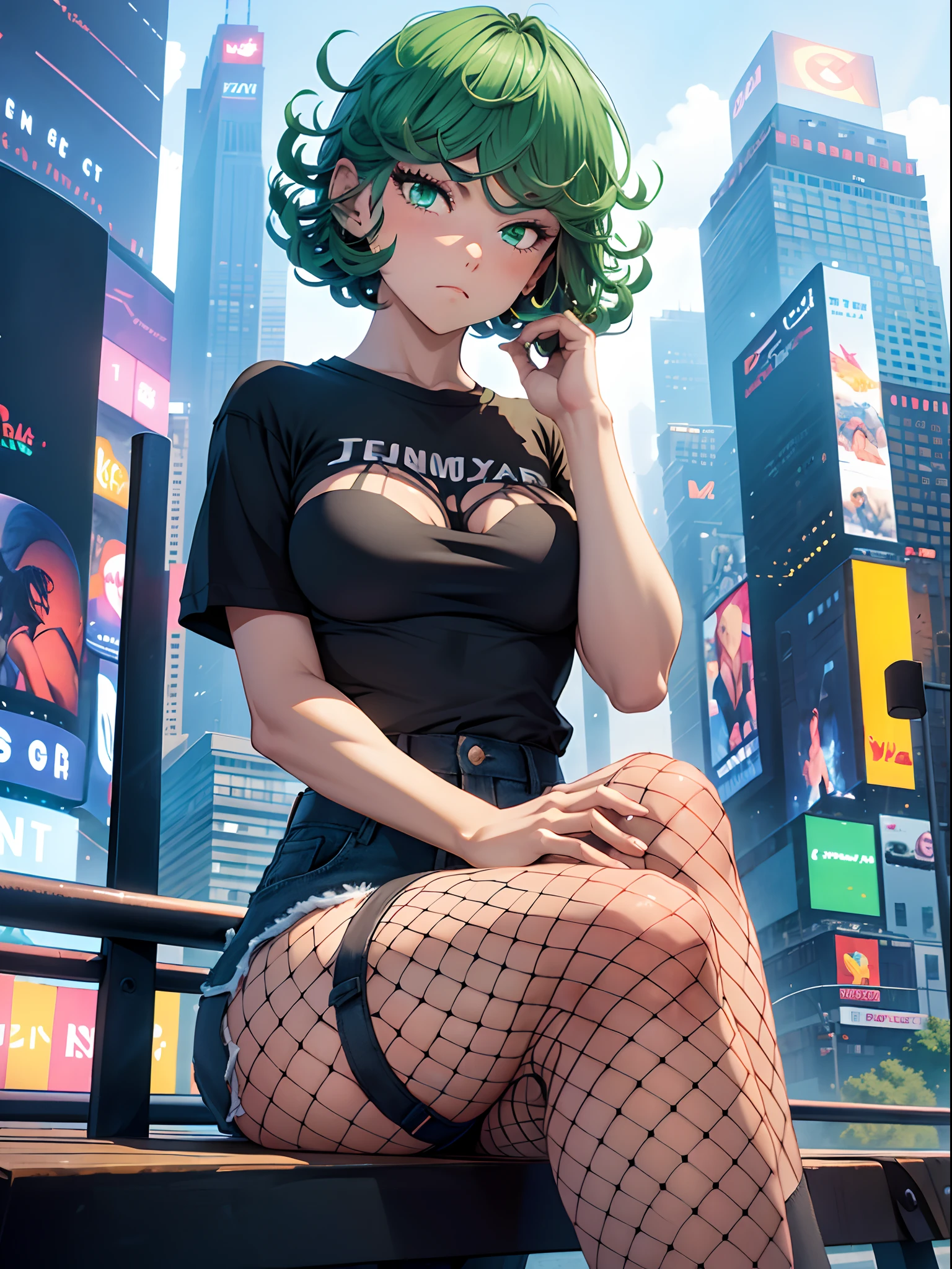 1girl, short green hair, green eyes, ((black plain t-shirt, denim shorts, fishnets thighhighs, sitting, crossed legs, legs focus, bench, bored expression, in Time Square Avenue)), curvy figure, overlooking city, blush, day BREAK (((Masterpiece))), ((Highly detailed character)), ((perfect eyes)), ((perfect face)), ((best quality)), ((perfect hands)), high resolution, highly detailed image, thick thighs BREAK Beautiful background, volumetric lighting,