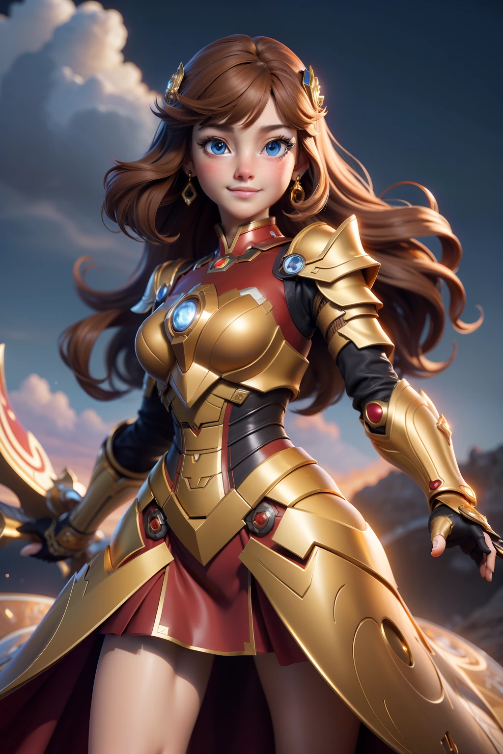 3dmm style,(masterpiece, top quality, best quality, official art, beautiful and aesthetic:1.2), (fractal art:1.3), 1girl, beautiful, high detailed, princess Daisy, brown hair, blue eyes, dark lighting, happy face, looking the sky, sky, medium shot, gold yellow ironman armor, jewelry