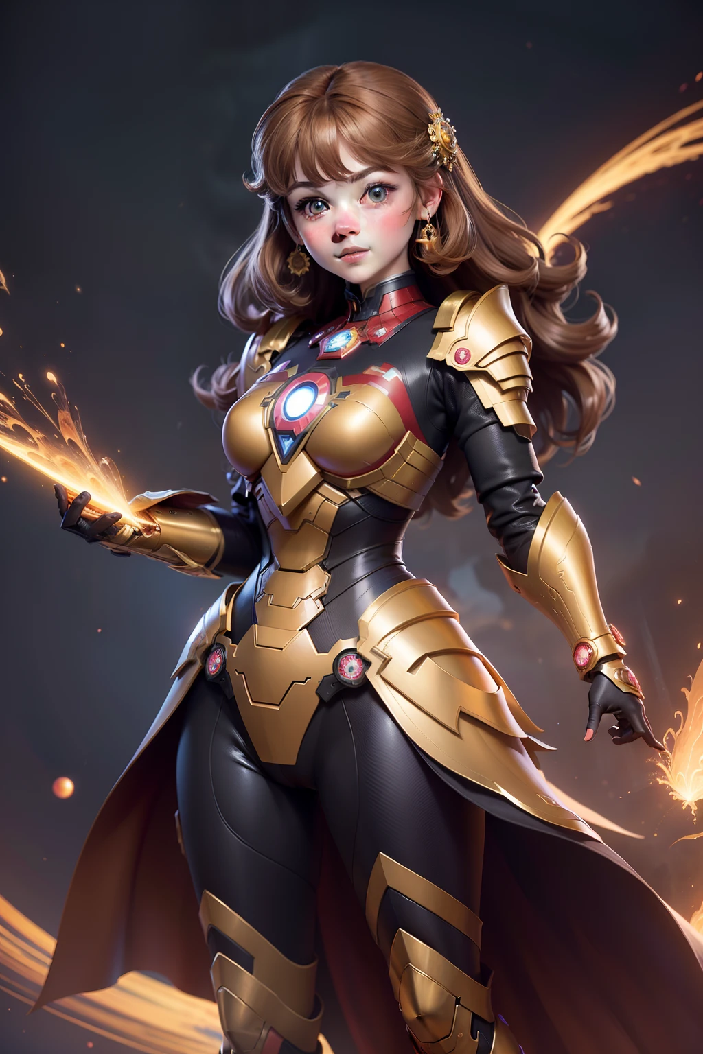 3dmm style,(masterpiece, top quality, best quality, official art, beautiful and aesthetic:1.2), (fractal art:1.3), 1girl, beautiful, high detailed, princess Daisy, brown hair, blue eyes, dark lighting, happy face, looking the sky, sky, medium shot, black yellow ironman armor, jewelry