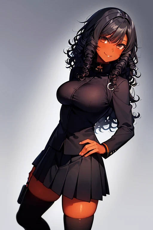 ((black woman with very dark brown skin)), ((curly hair)), medium hair, ((black hair)), ((hair without bangs)), ((shoulder length hair)), dark brown eyes , ((sweet smile)), cute, mysterious smile, ((medium breasts)), ((black power hair)), medium glutes, ((gakuran with orange details)), ((skirt)), pretty skirt, gakuran, standing, best quality, masterpiece, beautiful