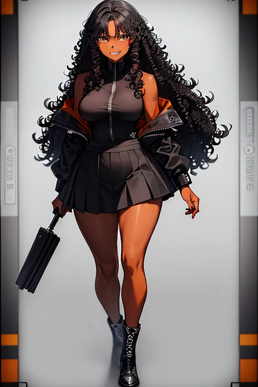 ((black woman with very dark brown skin)), ((curly hair)), medium hair, ((black hair)), ((hair without bangs)), ((shoulder length hair)), dark brown eyes , ((sweet smile)), cute, mysterious smile, ((medium breasts)), ((black power hair)), medium glutes, ((gakuran with orange details)), ((skirt)), pretty skirt, gakuran, standing, best quality, masterpiece, beautiful