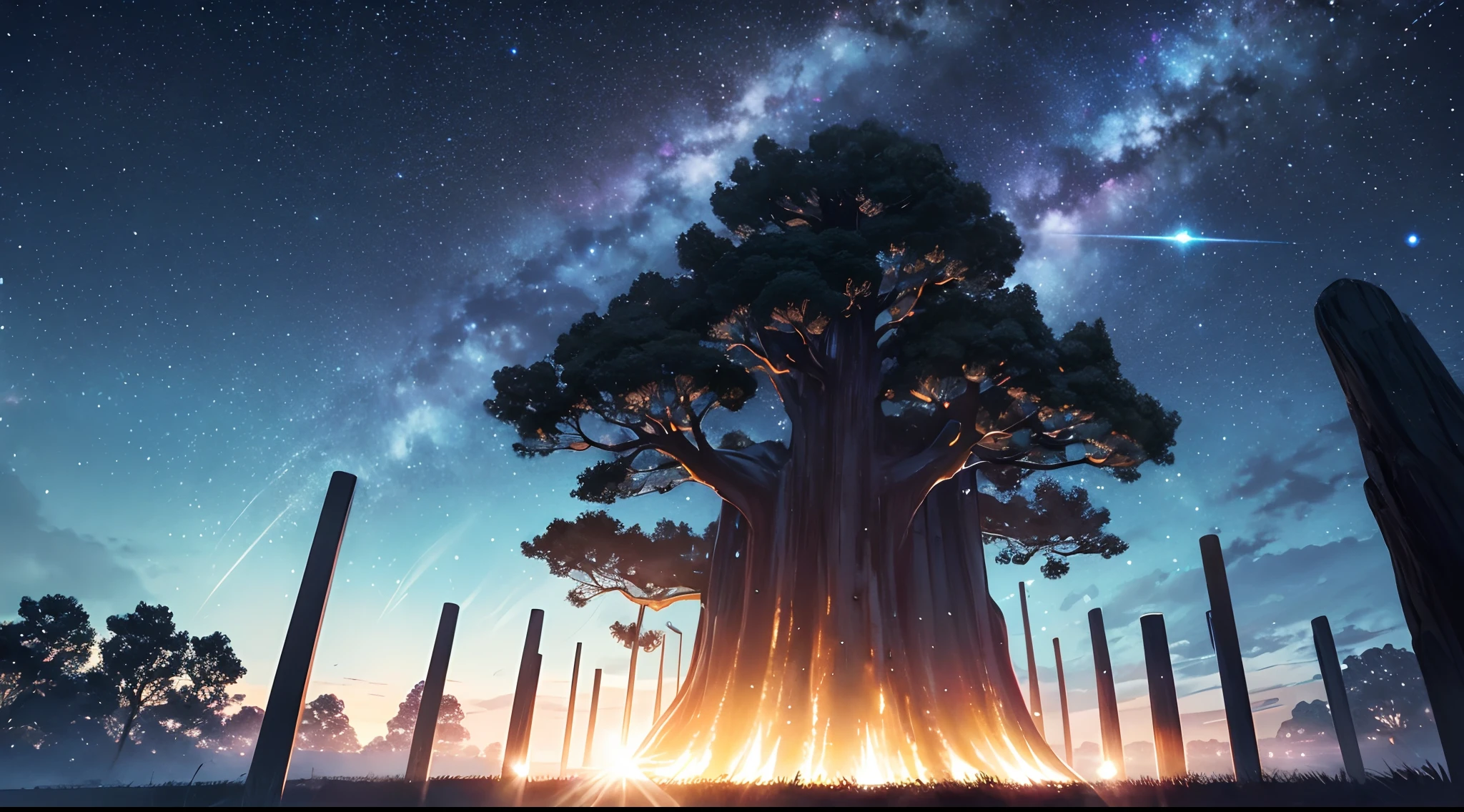 masterpiece、Background with((starrysky、Meteor swarm、black hole))、Depth((Huge fantastic tree、It's glowing.、城市))、Looking up