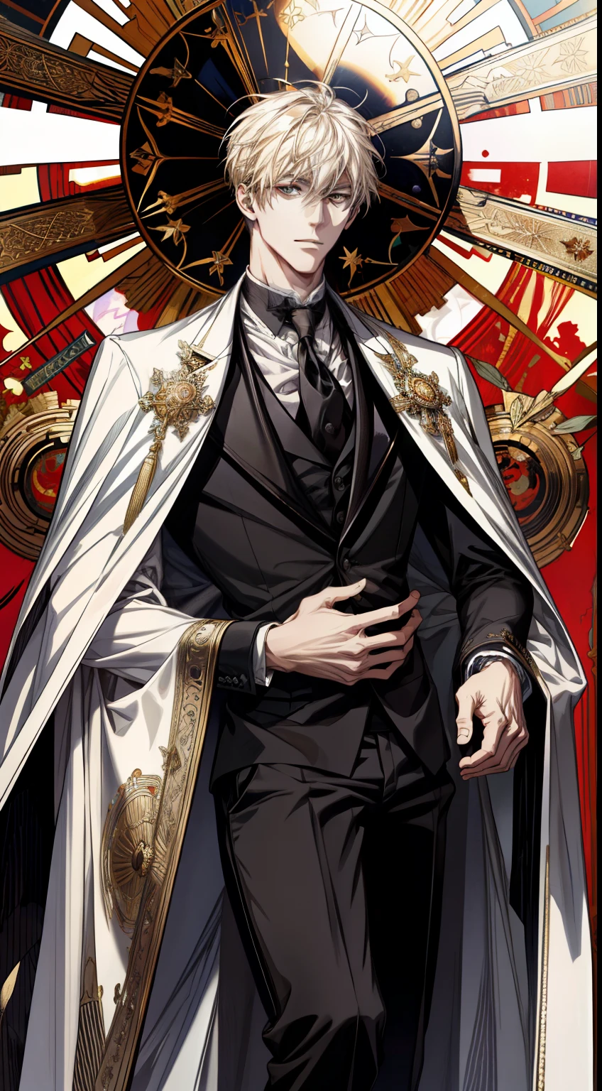 (absurd, high resolution, super detailed), 1 male, black eyes, long yet masculine blonde hair, scholarly temperament, all black formal wear, Victorian clothing, white cape, (cold beauty: 1.2), adult, handsome, thin man, broad shoulders, fine eyes and detailed face, god, symbolism, sun visual arts, occult, universal, visual projection, philosophy, iconography, numerology, pop, art, alfonse Mucha main colors gold red white god of the sun