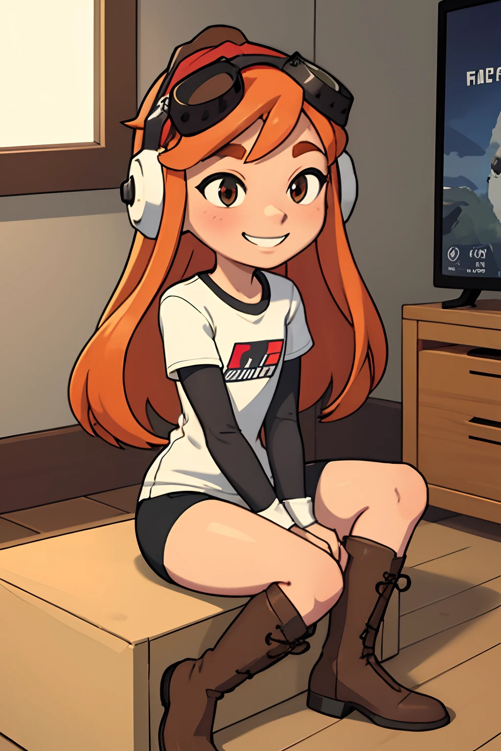 masterpiece, best quality, meggy, headphones, goggles on head, white shirt, layered sleeves, spandex shorts, brown boots, full body, smile, sitting in living room with video game controller