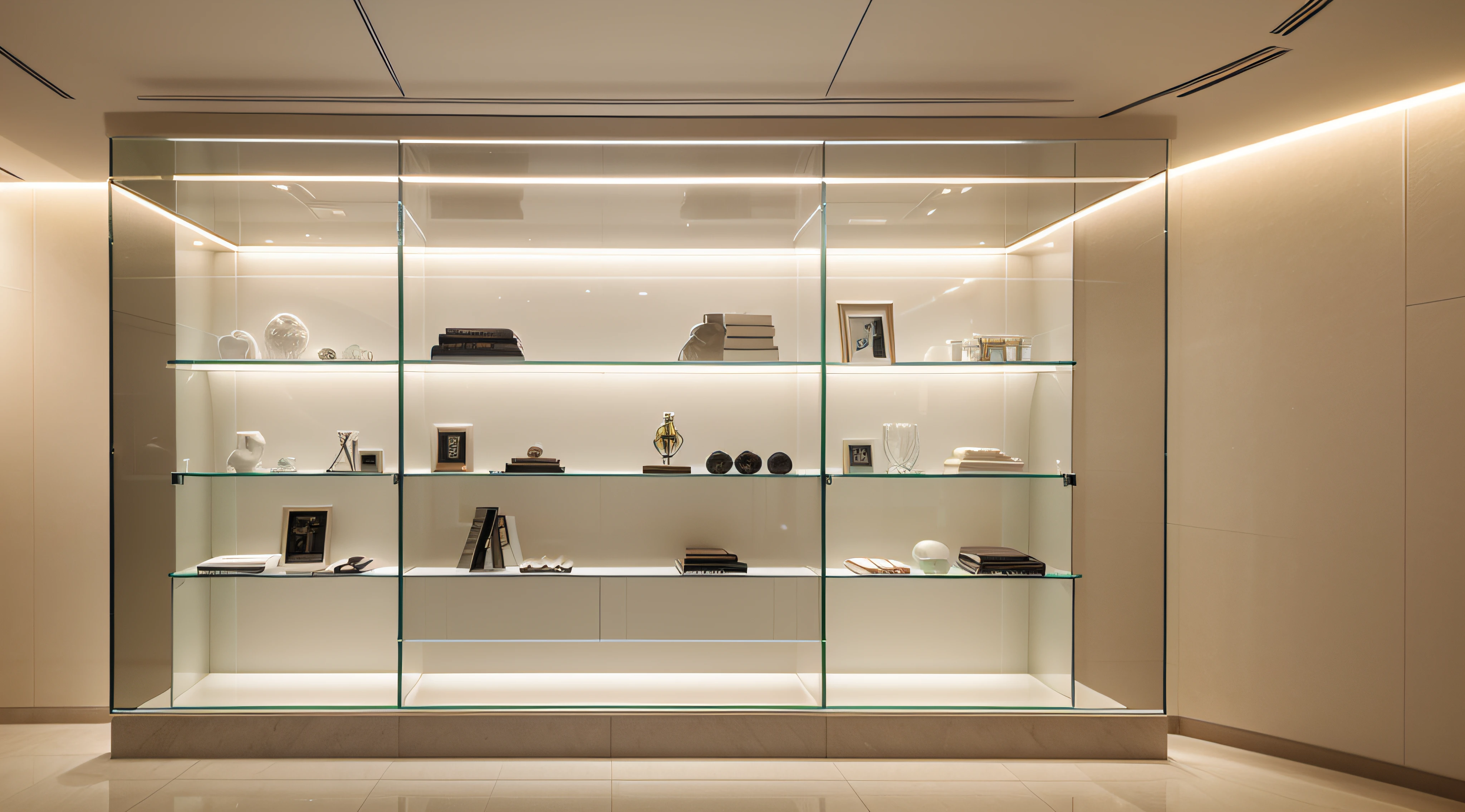 Create an image of a modern and luxurious glass display case for trophies without trophies, with multiple empty shelves. Highlight interior lighting with large LED lights, providing a minimalist and contemporary atmosphere. Certifique-se de incluir uma caixa de luz, Award-winning dark illumination with 5000K warm white color temperature, an electrical box display and top-down lighting. The focus should be on detailed ambient lighting, providing a sense of modern luxury. A cena deve ser vazia e vista de frente.