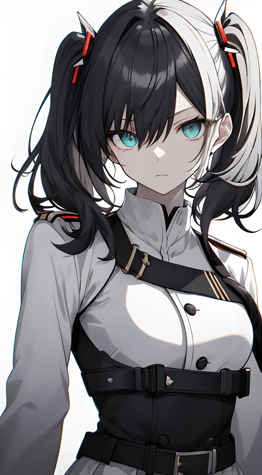 Full body, White one-piece military uniform, Jet black head of hair,(masutepiece:1.2, Best Quality), (finely detailed beautiful eye: 1.2), (beautifull detailed face), High contrast, (Best Illumination, extremely delicate and beautiful), ((Cinematic Light)), Dramatic light, Intricate details,Turquoise eyes, Shining eyes,Short stature, Undersized breasts、Belt under the chest、White military uniform, White skirt,Very dark gray hair, Black tie,  (Pale white background:1.5), Long twin tails fluttering in the wind,very long twintails,white  clothes,