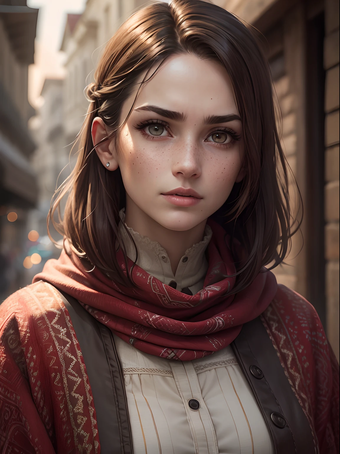 A photorealistic portrait of a young woman, looking straight at viewer, Slavic features, Russian, wide jaw, strong chin, closeup, close-up, with light makeup, extremely detailed brown eyes, freckles, dark brown hair cut in a 'bob' style, hair framing face, mischevious expression, one eyebrow raised, A detailed symmetrical realistic face, red keffiyeh, tatty waterproof jacket, highly detailed natural texture, master piece, absurdes, extremly detailed, astonishing, fine detail, couleurs riches, Hyper realistic texture, dramatic lighting