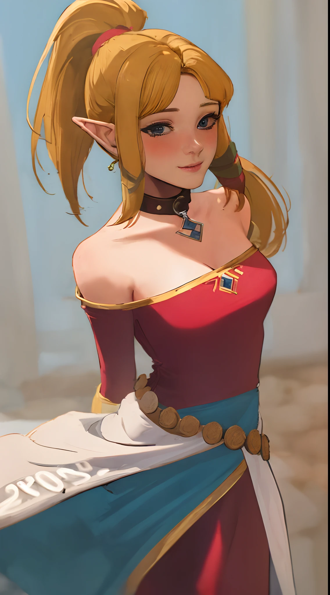 (adult:1.6)(25 years old:1.7)(masterpiece, best quality:1.2), 1girl,solo,(looking at viewer), princess, Zelda, red theme, long strapless dress, blonde hair, bare shoulders, blue eyes, palace, cowboy shot, ponytail,(blushing), (collar), (smiling:0.8),(see-through:0.3)(eyes open:1.3),(excited:0.4)(surprised:0.5)(affectionate:0.6)