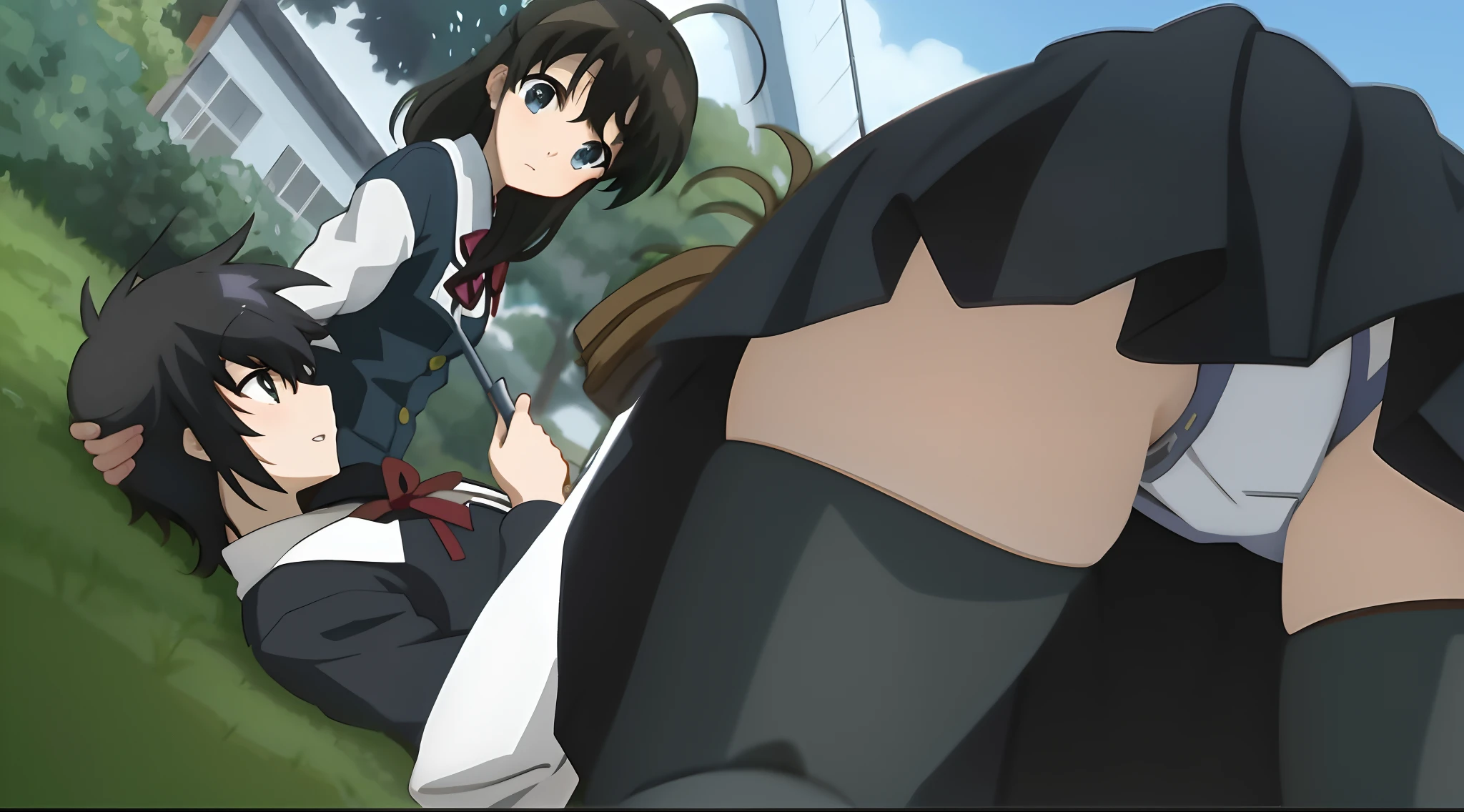 personagens de anime em um campo com uma casa ao fundo, Close Up Iwakura Lain, Close up de Lain Iwakura, Haruhi Suzumiya, screencap anime, captura de tela do anime, Close up de Iwakura Lain, the anime girl is crouching, Jantar de anime, Iwakura Lain, Ainda de anime de TV, ainda de anime, anime ainda frame