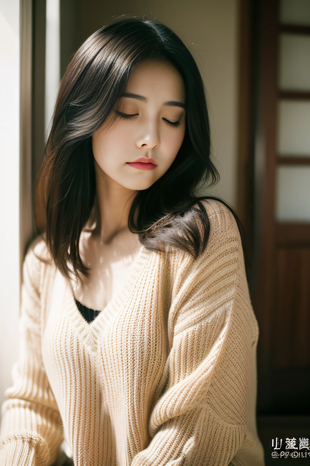(masterpiece、high-level image quality、hightquality)、(Realistic Beautiful Japan Woman、年轻、kawaii、Healthy body、pure),(A woman in anguish and sorrow、sad、lamentation)、Own room、The structure of the human body is accurate、Cool breeze blowing outside、Autumn?、Low light of the sun、Great Spirit、Lonely room、Everyday scenery、Black eyes、Dark hair、Model actress、sad、Close your eyes and mourn、How to cry naturally、Sweaters、