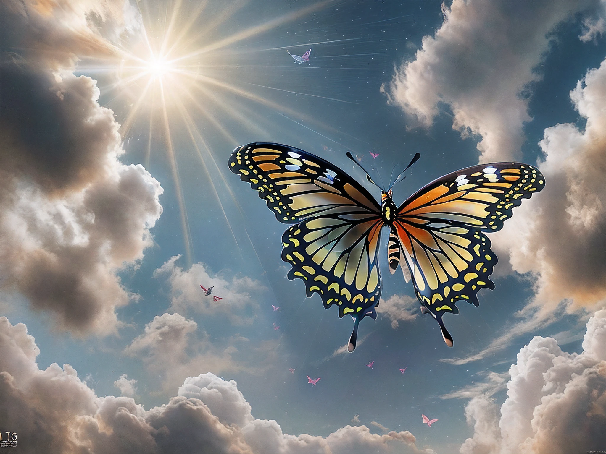a picture of an epic butterfly flying in the sky (best details, Masterpiece, best quality :1.5), butterfly_wings, cloudy skies background, an epic butterfly (best details, Masterpiece, best quality :1.5) extremely detailed butterfly, butterfly_wings, wings on fire, wide spread, ultra detailed face,  birds view, sun rays, red divine rays, sun rays reflected in clouds (best details, Masterpiece, best quality :1.5), sense of dread, sense of awe majestic atmosphere, ultra best realistic, best details, best quality, 16k, [ultra detailed], masterpiece, best quality, (extremely detailed), ultra wide shot, photorealism, depth of field, hyper realistic painting,