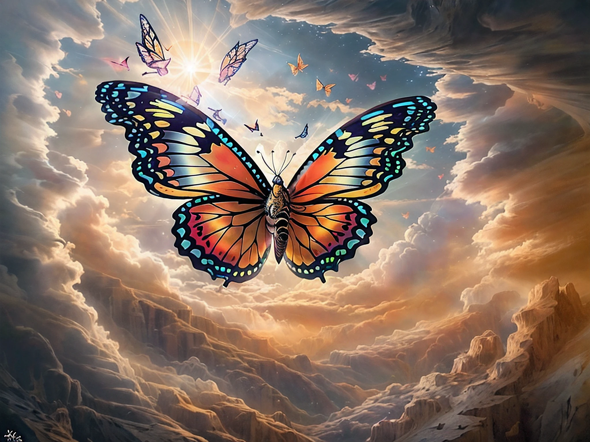 a picture of an epic butterfly flying in the sky (best details, Masterpiece, best quality :1.5), butterfly_wings, cloudy skies background, an epic butterfly (best details, Masterpiece, best quality :1.5) extremely detailed butterfly, butterfly_wings, wings on fire, wide spread, ultra detailed face,  birds view, sun rays, red divine rays, sun rays reflected in clouds (best details, Masterpiece, best quality :1.5), sense of dread, sense of awe majestic atmosphere, ultra best realistic, best details, best quality, 16k, [ultra detailed], masterpiece, best quality, (extremely detailed), ultra wide shot, photorealism, depth of field, hyper realistic painting,