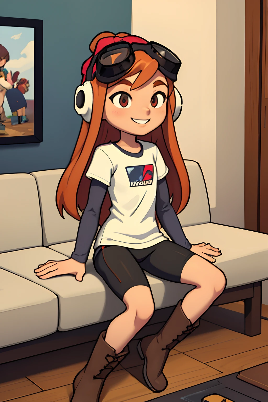 masterpiece, best quality, meggy, headphones, goggles on head, white shirt, layered sleeves, spandex shorts, brown boots, full body, smile, sitting in living room with video game controller