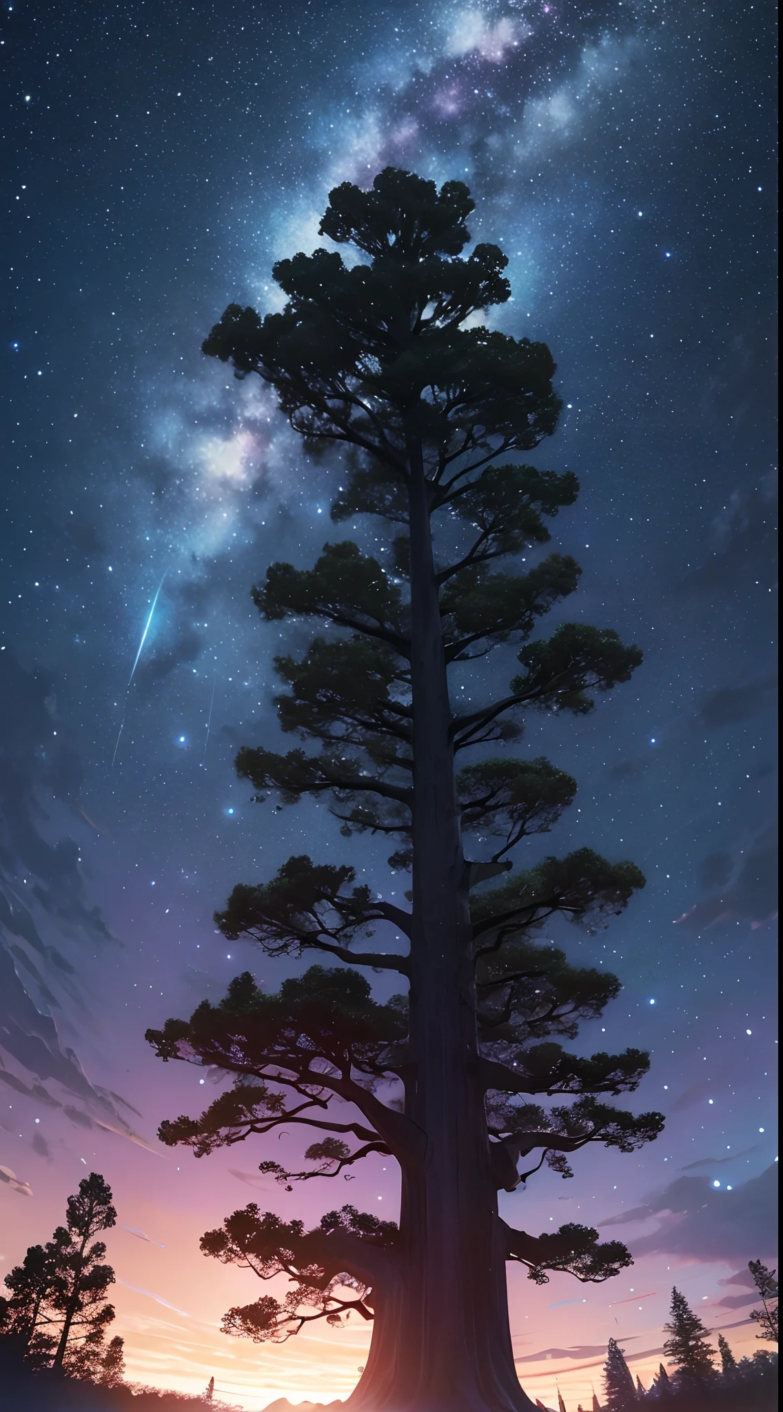 masterpiece、Background with((starrysky、Meteor swarm、black hole))、Depth((Huge fantastic tree、It's glowing.、plants、城市))、Looking up