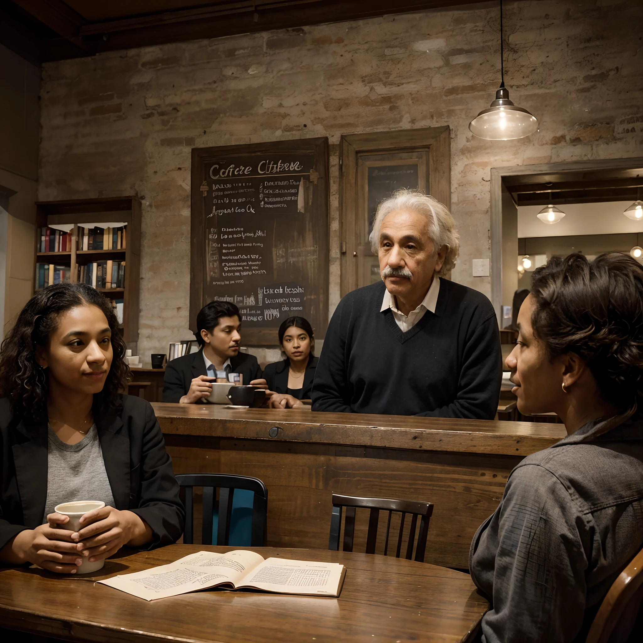 "Create a dynamic scene of Einstein engaging with a diverse group of people in a vibrant setting, perhaps in a coffeehouse or library, highlighting his ability to bridge gaps and foster connections through knowledge and understanding."