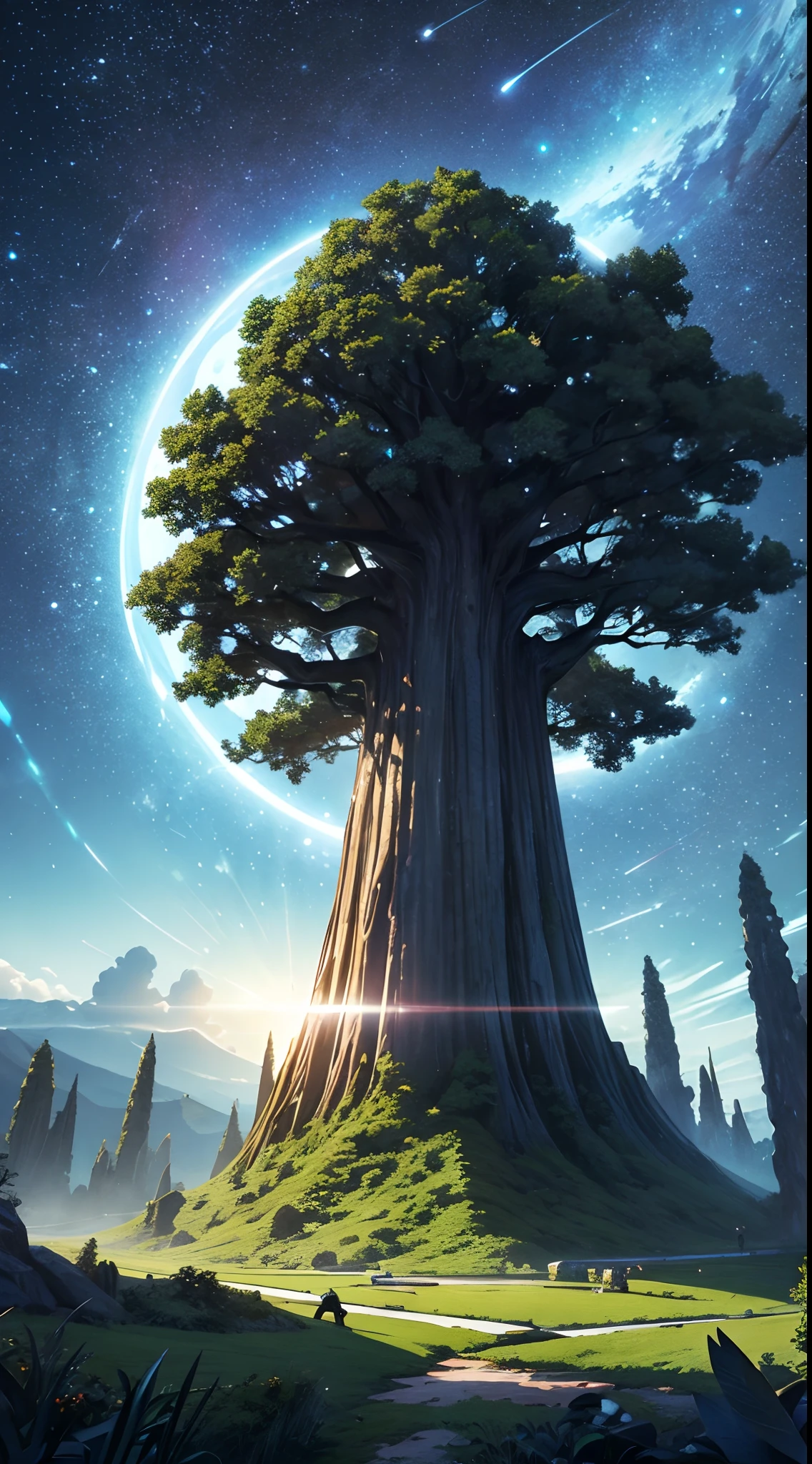 masterpiece、Background with((starrysky、Meteor swarm、black hole))、Depth((Huge fantastic tree、It's glowing.、plants、城市))、Looking up