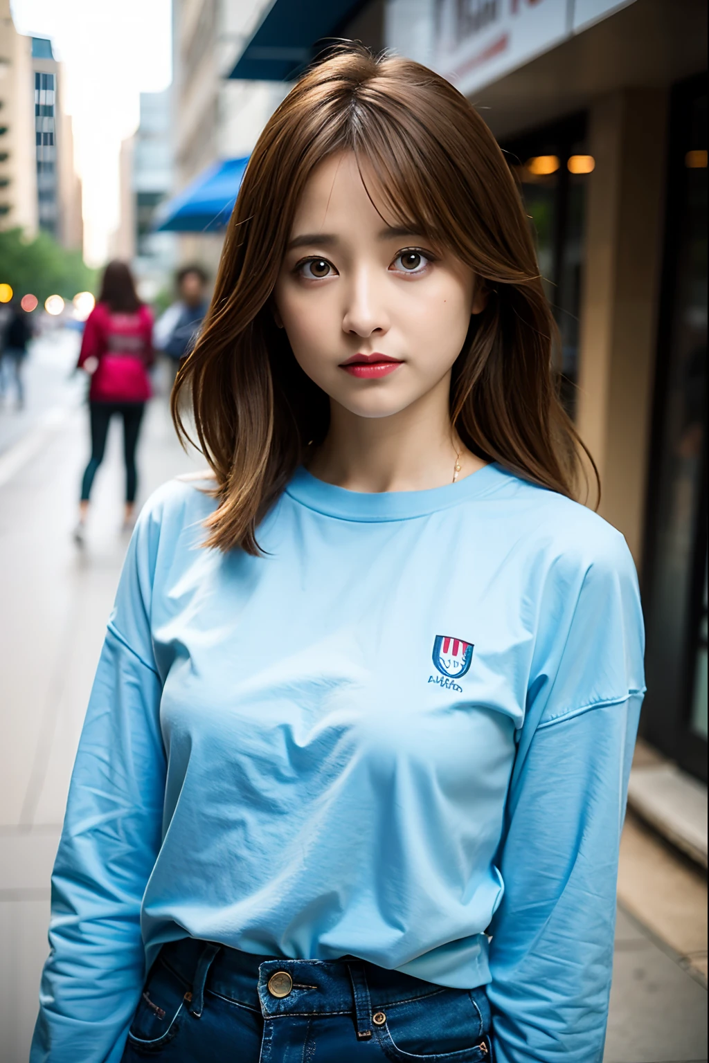 very skinny ,  long hair , teen american  girl  Allison Mack ,large eyes  ,shallow depth of field , 
 blurry, red lips, brown hair  ,  ,  , soft skin, , expressive eyes ,
 , , long sleeve blue  t-shirt,  jens pants , city