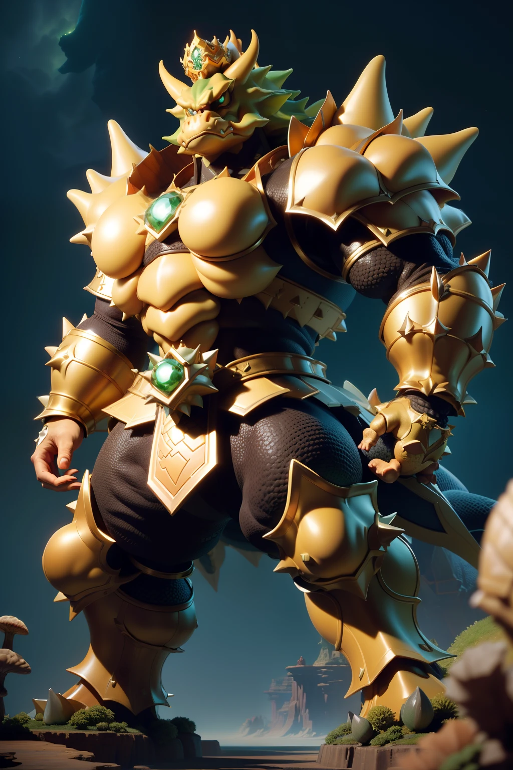 3dmm style,(masterpiece, top quality, best quality, official art, beautiful and aesthetic:1.2), (fractal art:1.3), 1man, high detailed, Bowser, king koopa, spiky shell, big & strong, dark lighting, serious face, looking the sky, sky, medium shot, yellow & green Kaiju in armor, mushroom Kingdom background, jewelry