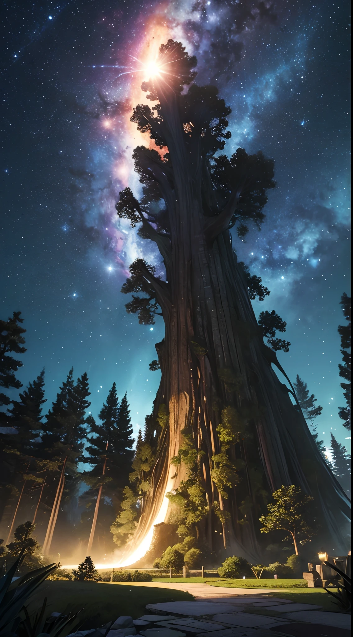 masterpiece、Background with((starrysky、Meteor swarm、black hole))、Depth((Huge fantastic tree、It's glowing.、plants、城市))、Looking up