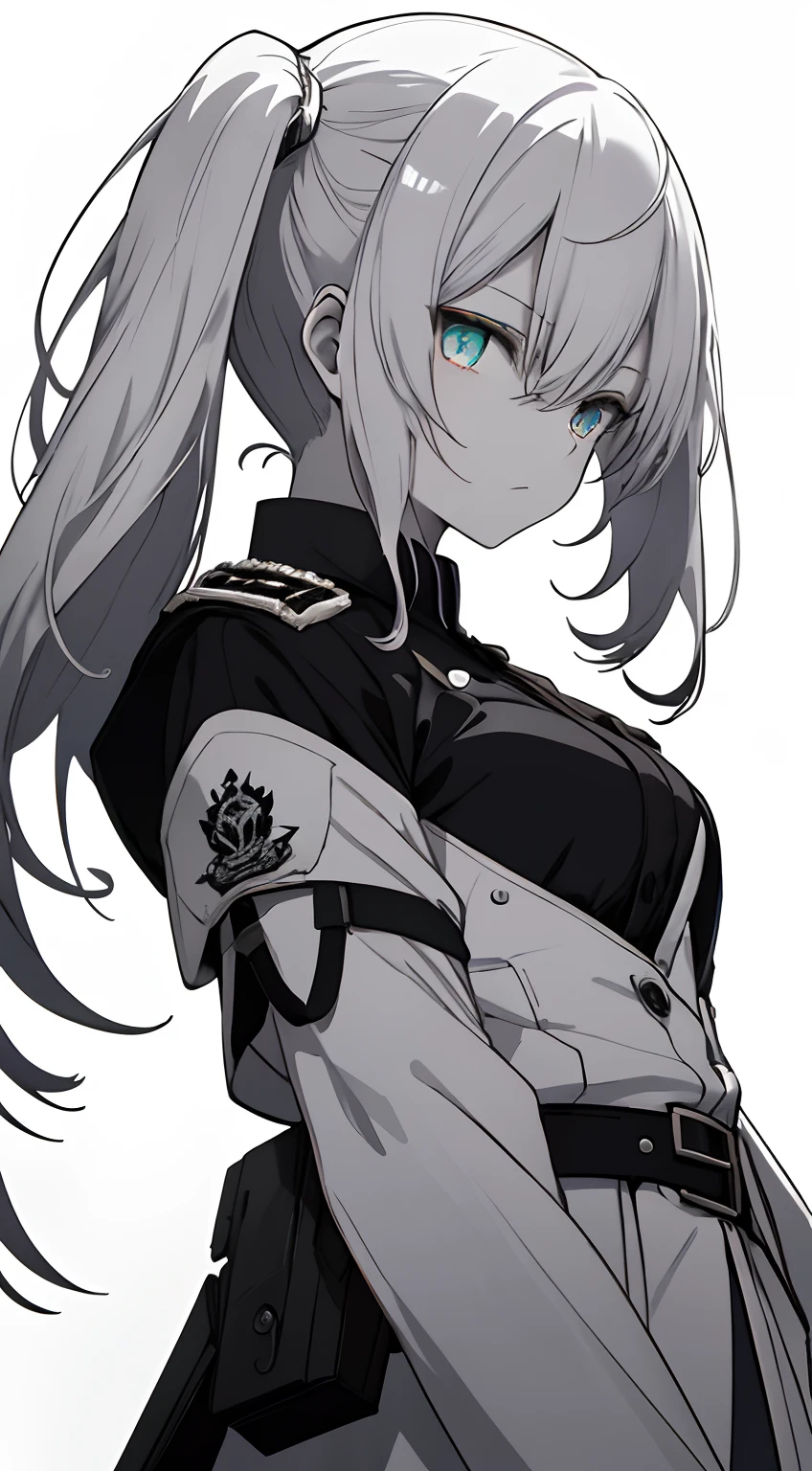 Full body, White one-piece military uniform, Jet black head of hair,(masutepiece:1.2, Best Quality), (finely detailed beautiful eye: 1.2), (beautifull detailed face), High contrast, (Best Illumination, extremely delicate and beautiful), ((Cinematic Light)), Dramatic light, Intricate details,Turquoise eyes, Shining eyes,Short stature, Undersized breasts、Belt under the chest、White military uniform, White skirt,Very dark gray hair, Black tie, (Pale white background:1.5), Long twin tails fluttering in the wind,Twin tails that are long enough to touch the ground,white clothes,