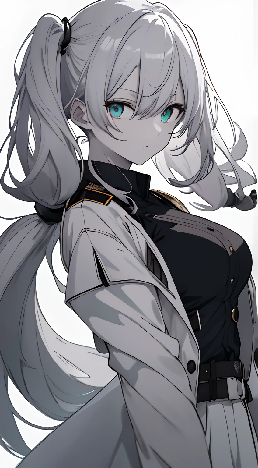 Full body, White one-piece military uniform, Jet black head of hair,(masutepiece:1.2, Best Quality), (finely detailed beautiful eye: 1.2), (beautifull detailed face), High contrast, (Best Illumination, extremely delicate and beautiful), ((Cinematic Light)), Dramatic light, Intricate details,Turquoise eyes, Shining eyes,Short stature, Undersized breasts、Belt under the chest、White military uniform, White skirt,Very dark gray hair, Black tie, (Pale white background:1.5), Long twin tails fluttering in the wind,Twin tails that are long enough to touch the ground,white clothes,