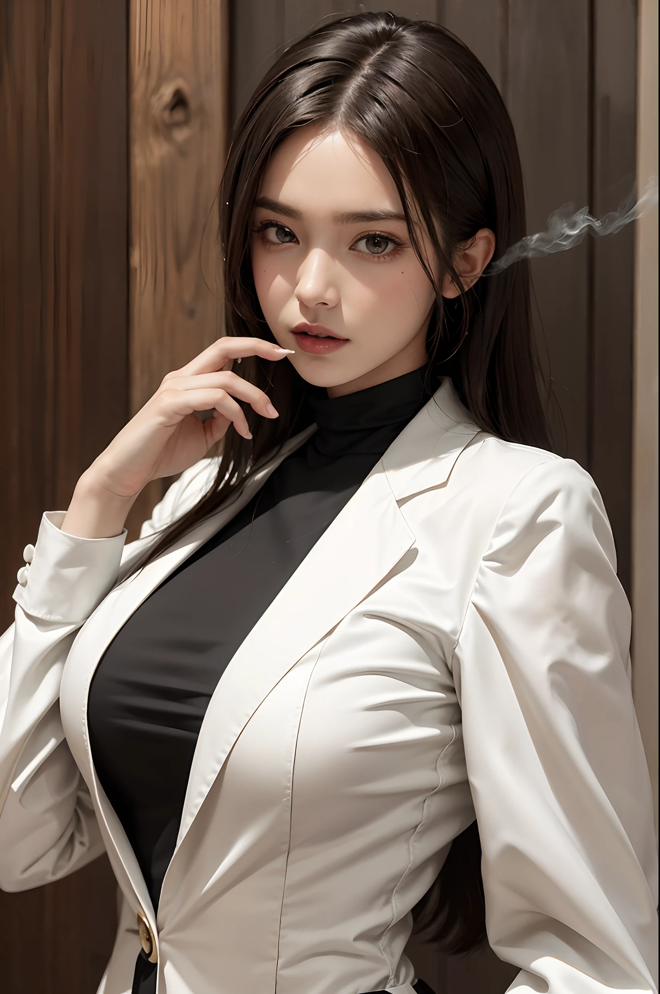 White pea coat, abrigo, ropa cara, ropa abultada, camisa negra, tetas muy grandes, sin mostrar piel, piel oculta por ropa, casa de madera, big tits, abrigo de piel blanco, pelo negro, tetas grandes, sin sujetador, empezonada, mujer elegante, ropa elegante, smoking, ropa alcantara, a 20 year old female, Pelo largo, pelo color negro, con tetas grandes sin sujetador, tema oscuro, tonos relajantes, colores apagados, alto contraste, (textura natural de la piel, hiperrealismo, luz suave, afilado) tetas grandes, fondo casa de madera, pared madera, modelo