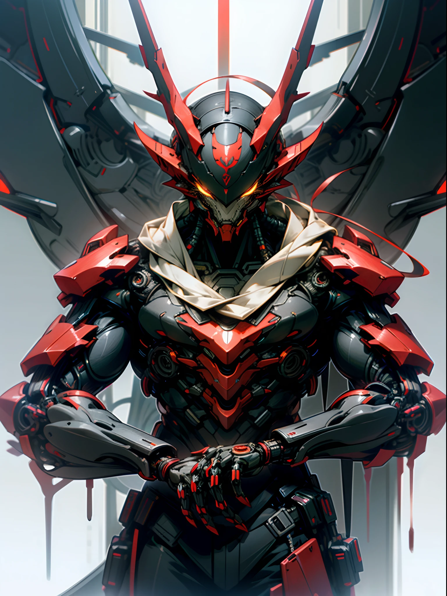 Dark_Fantasy,Cyberpunk,(saw, dragon man,Red:1.1),1man,Mechanical marvel,Robotic presence,Cybernetic guardian, dark colours.