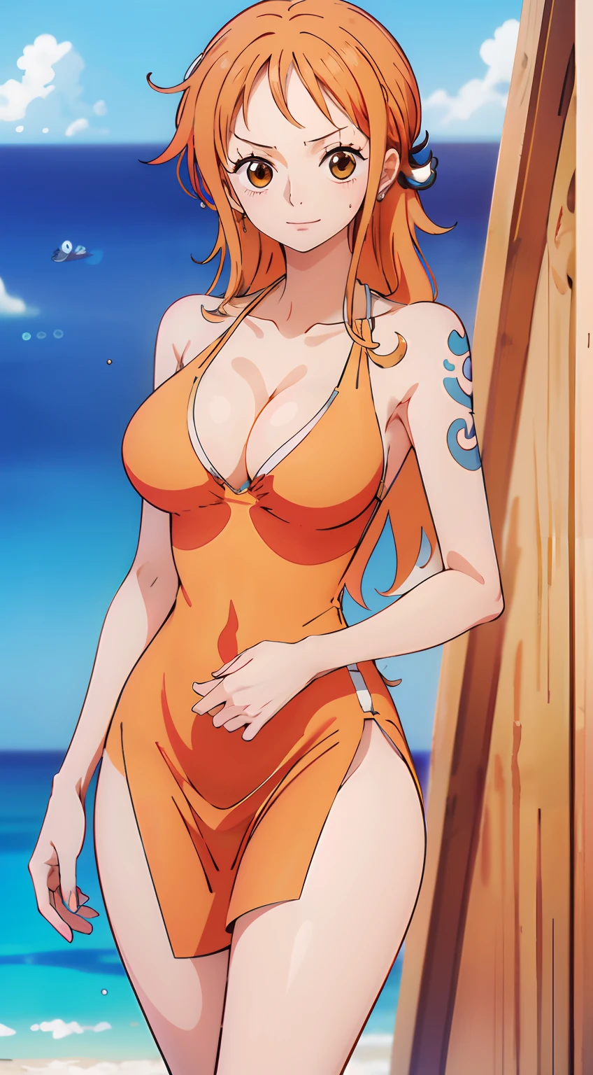 Anime girl in orange dress standing on the beach, Nami one piece, In the of a piece, Retrato bonito de Nami, Nos, is wearing a dress, vestido justo, from one piece, terno asuka sob a roupa!, Ela tem longos cabelos castanhos alaranjados, one piece, ela tem cabelos longos e redorange, Marin Kitagawa Fanart, (((melhor qualidade, obra prima))), ((rosto e corpo perfeito))