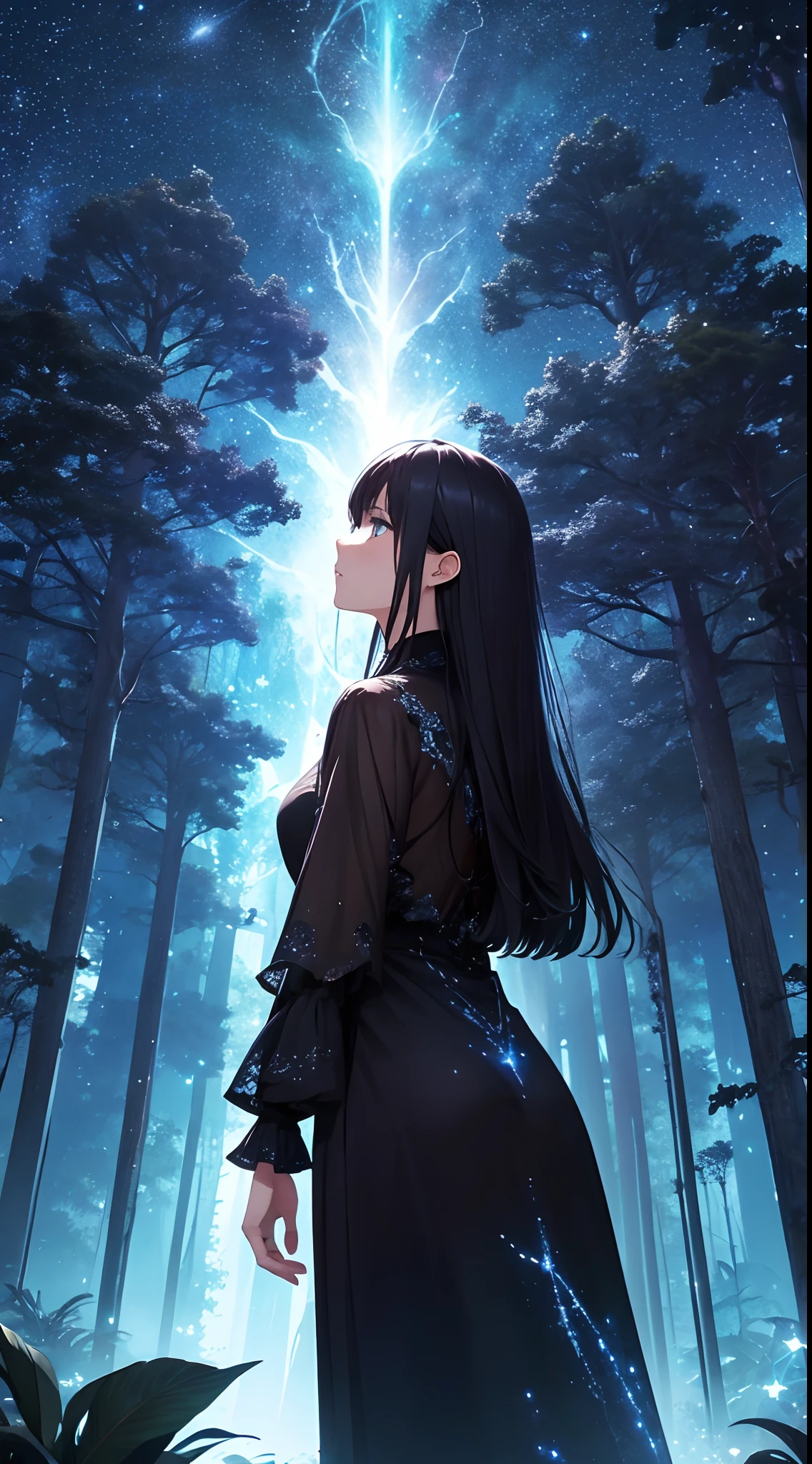 ​masterpiece、Background with（（starrysky、Meteor swarm、black hole））、Depth（（Huge fantastic tree、It's glowing.、plants、城市））、a beauty girl、Rear view、Looking up
