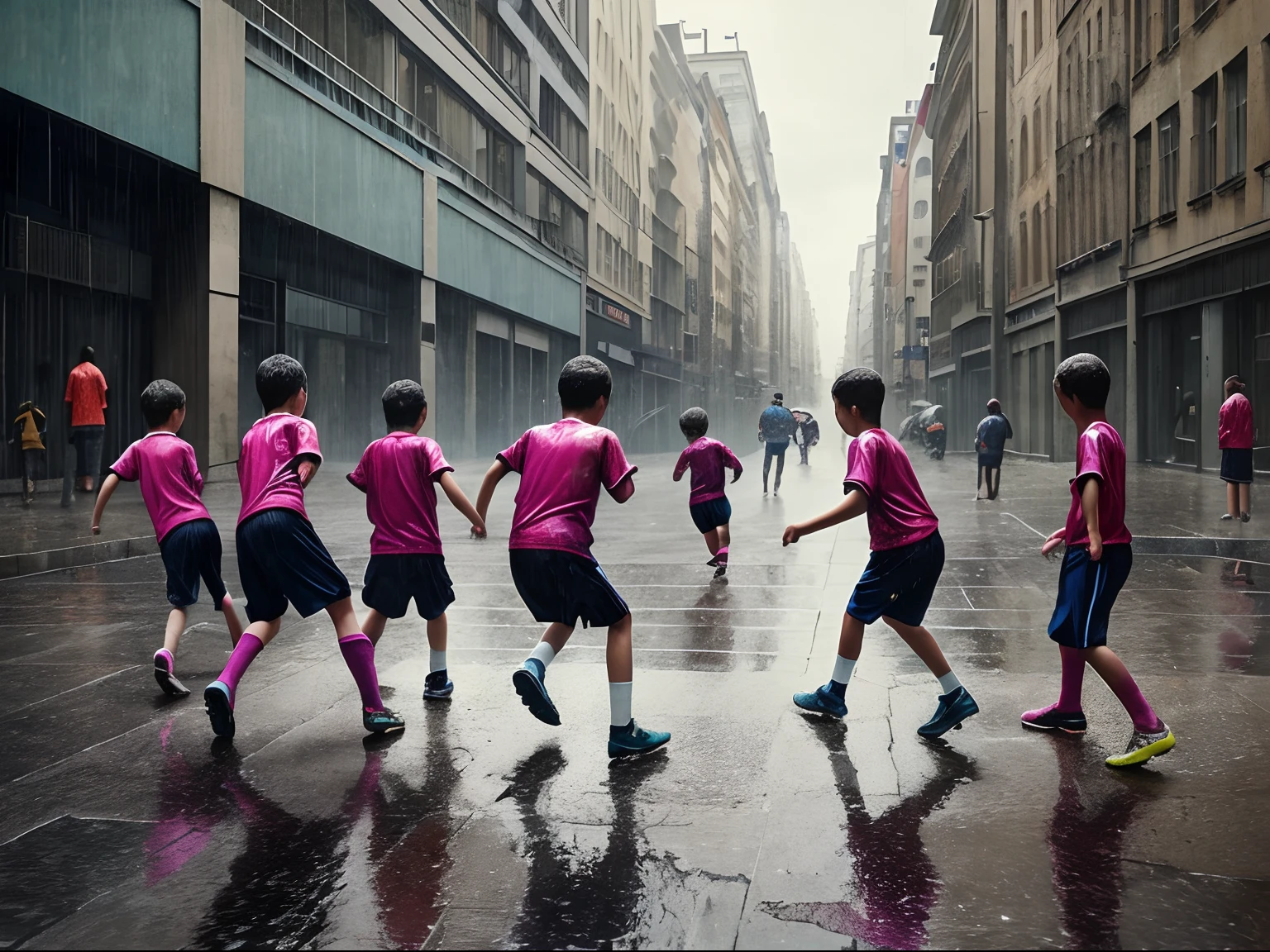 A group of kids enthusiastically playing soccer on the streets of a big city, under the rain, glitch mirror effect in the floor water, Dye transfer print image 1950 artwork style, Ernst Hass and Marie Cosindas inspiration
