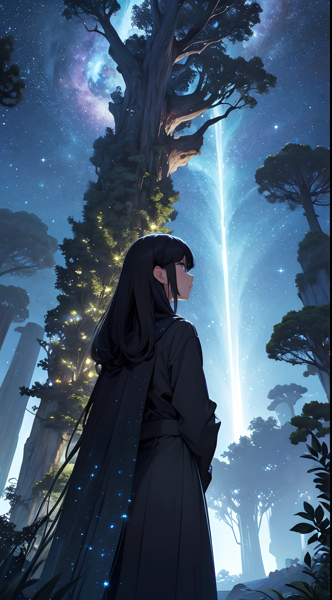masterpiece、Background with((starrysky、Meteor swarm、black hole))、Depth((Huge fantastic tree、It's glowing.、plants、城市))、a beauty girl、Rear view、Looking up
