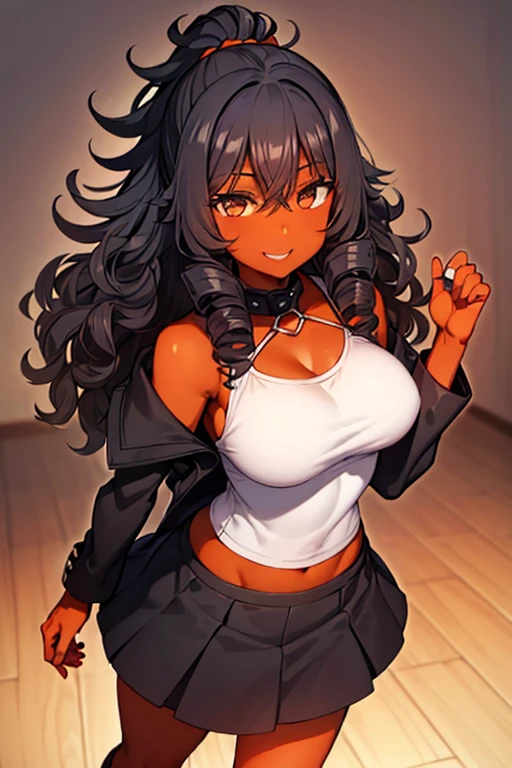 ((black woman with very dark brown skin)), ((curly hair)), medium hair, ((black hair)), ((shoulder length hair)), dark brown eyes , ((sweet smile)), cute, mysterious smile, ((medium breasts)), ((black power hair)), medium glutes, ((gakuran with orange details)), ((skirt)), pretty skirt, gakuran, standing, best quality, masterpiece, beautiful