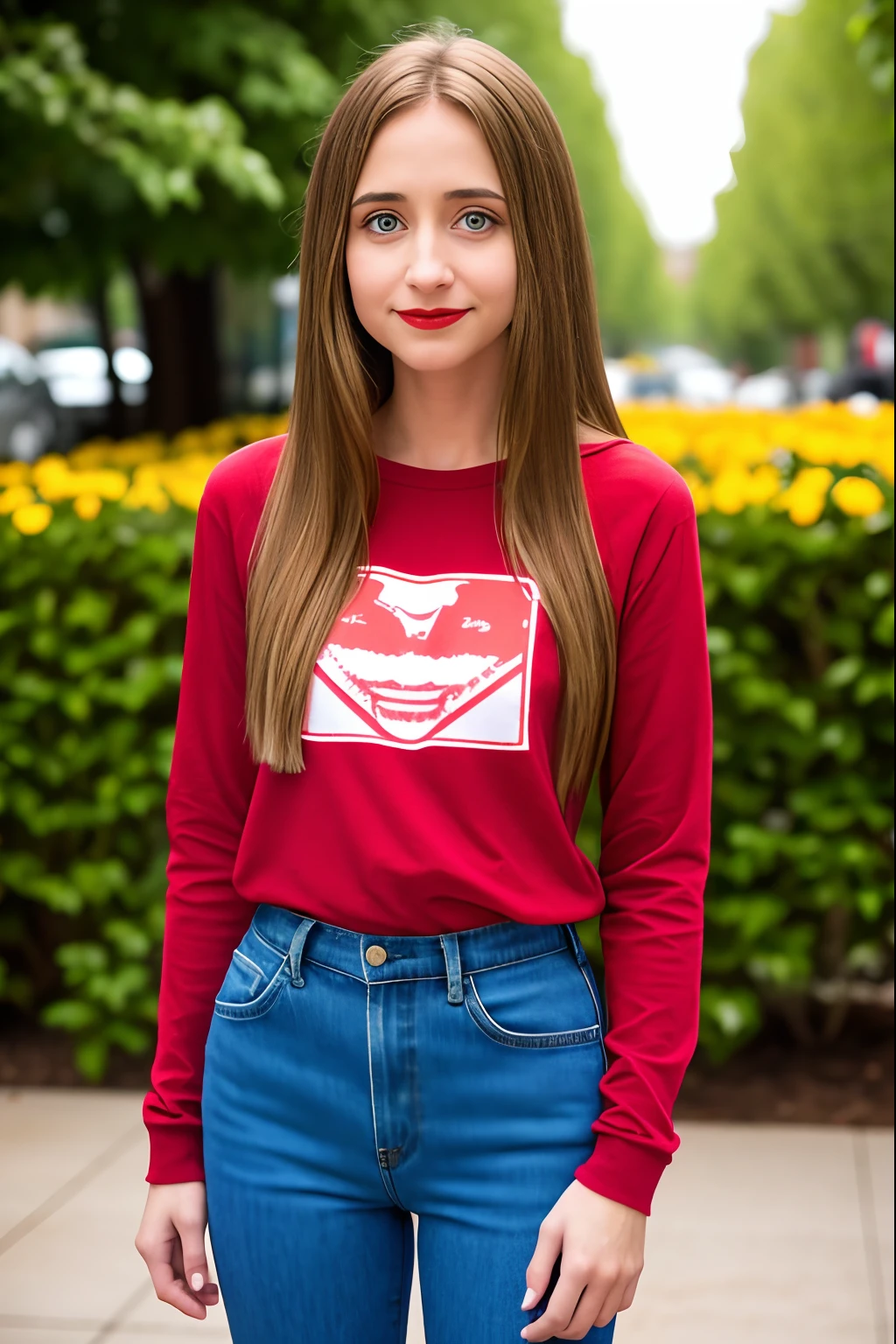 very skinny , long hair , teen american girl Allison Mack ,large eyes ,shallow depth of field ,
blurry, red lips, brown hair , , , soft skin, , expressive eyes ,
, , long sleeve blue t-shirt, jens pants , city